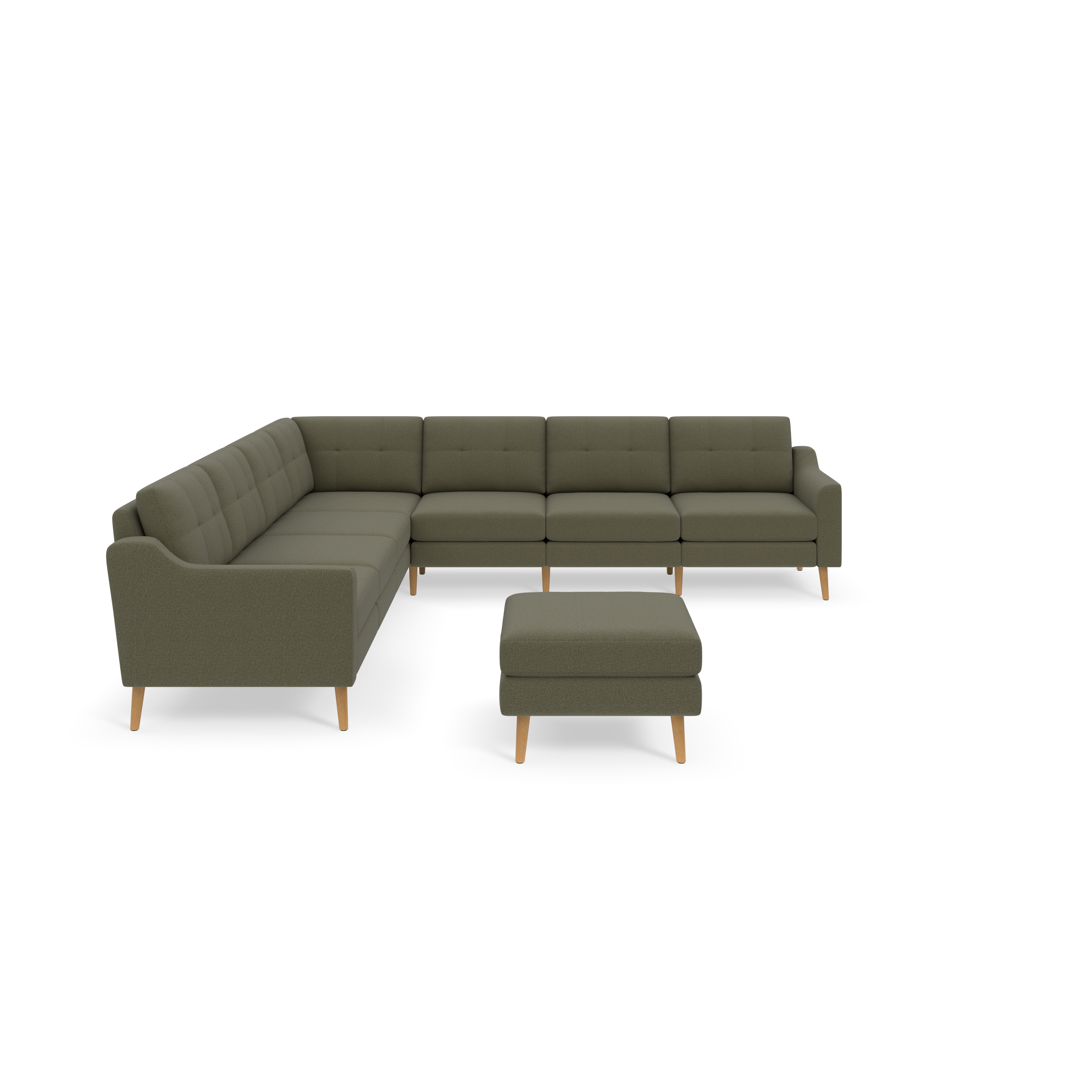 Gray-green L-shaped sectional sofa with wooden legs and matching ottoman, featuring tufted cushions and sleek armrests.