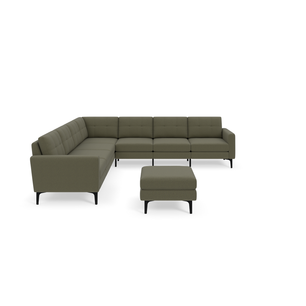 Modern olive-green L-shaped sectional sofa with tufted cushions and matching ottoman, supported by slim black legs.