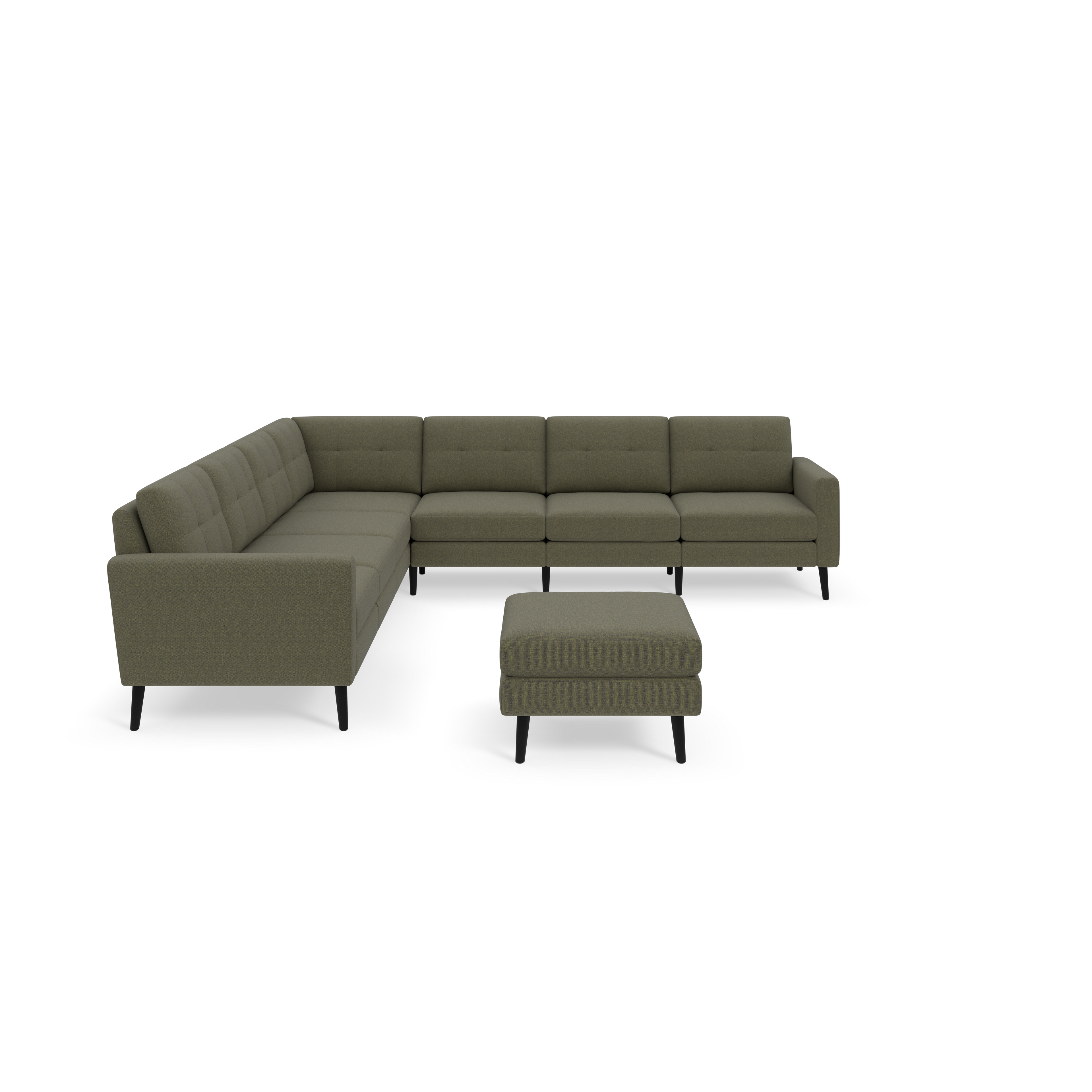 Moss green L-shaped sectional sofa with tufted cushions and matching ottoman, supported by black wooden legs, against black background.