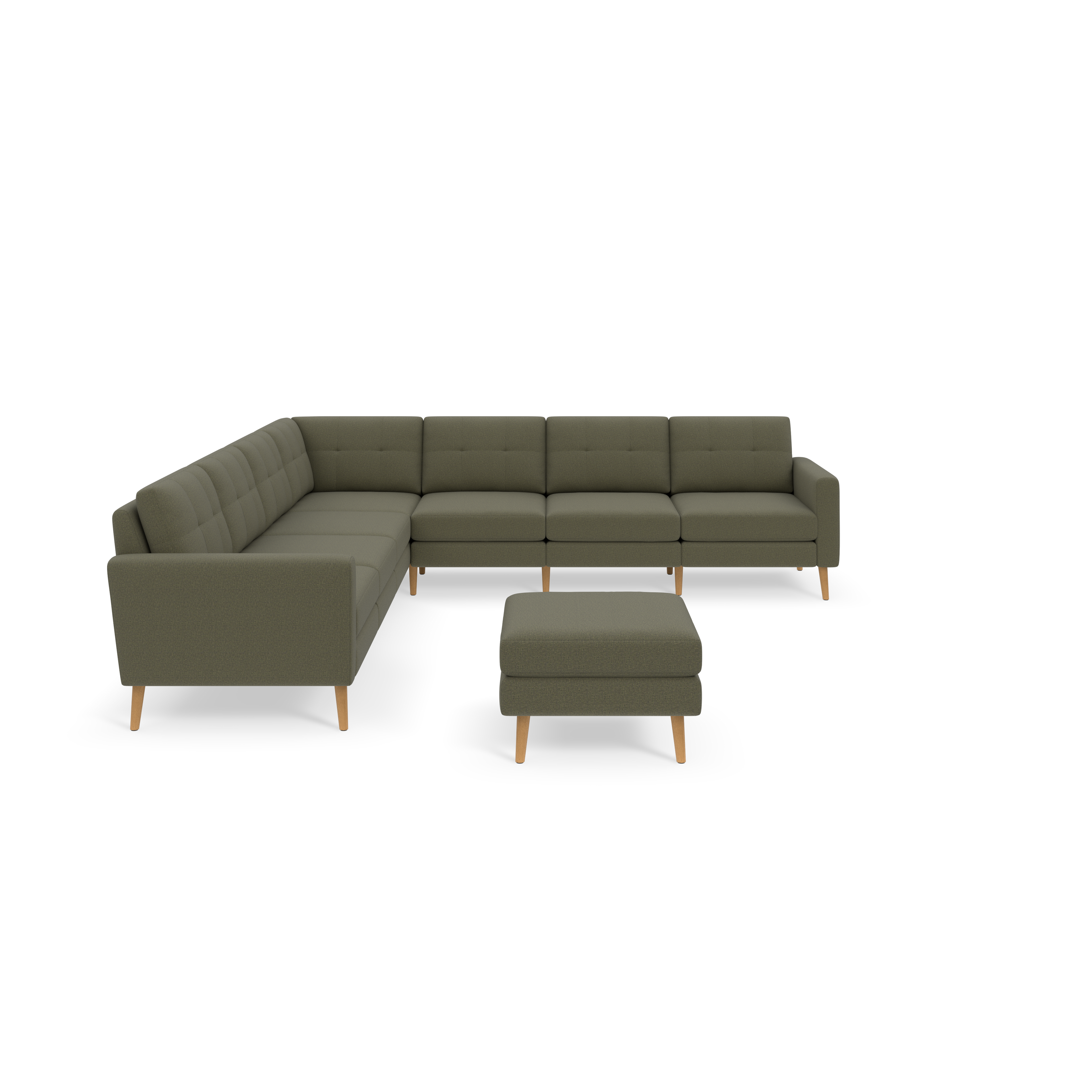 L-shaped sectional sofa with Moss green fabric upholstery and wooden legs, accompanied by a matching ottoman.