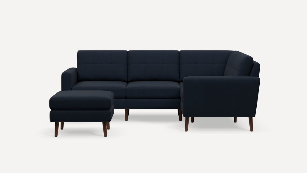 Nomad Plus 4-Seat Corner Sectional with Ottoman - Navy Blue - Performance Flatweave / Walnut - Wood / Block Arm