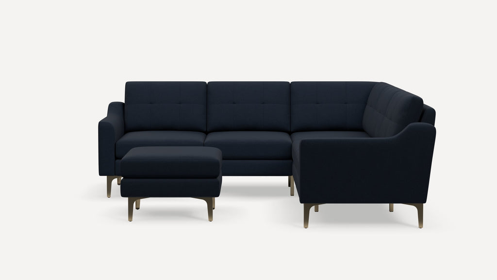 Nomad Plus 5-Seat Corner Sectional with Ottoman - Navy Blue - Performance Flatweave / Brass - Metal / Slope Arm