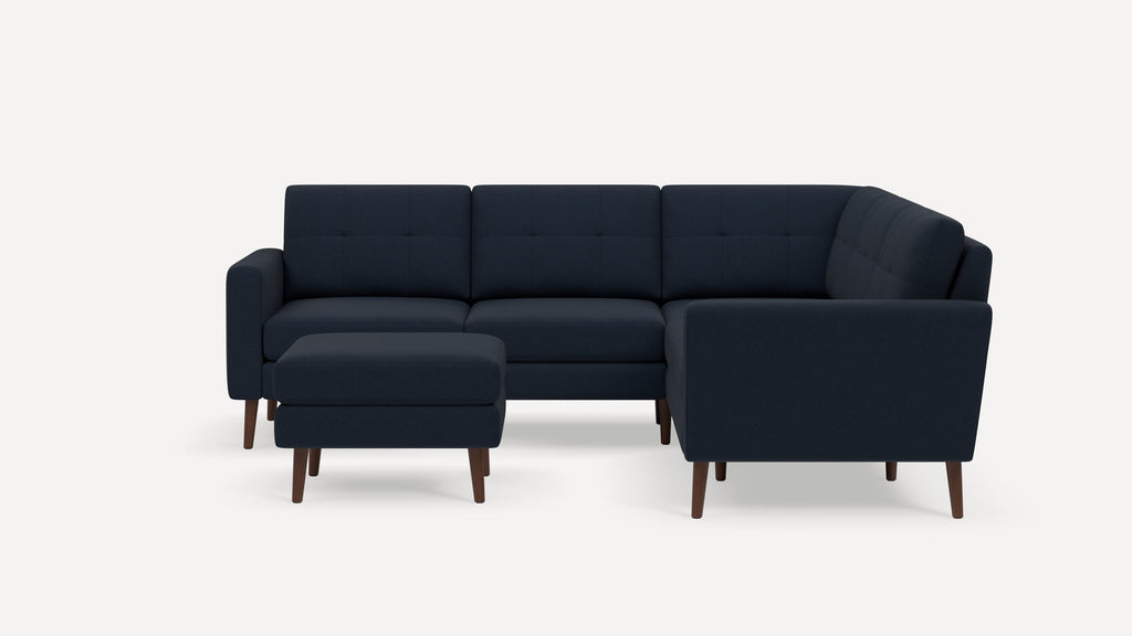 Nomad Plus 5-Seat Corner Sectional with Ottoman - Navy Blue - Performance Flatweave / Walnut - Wood / Block Arm