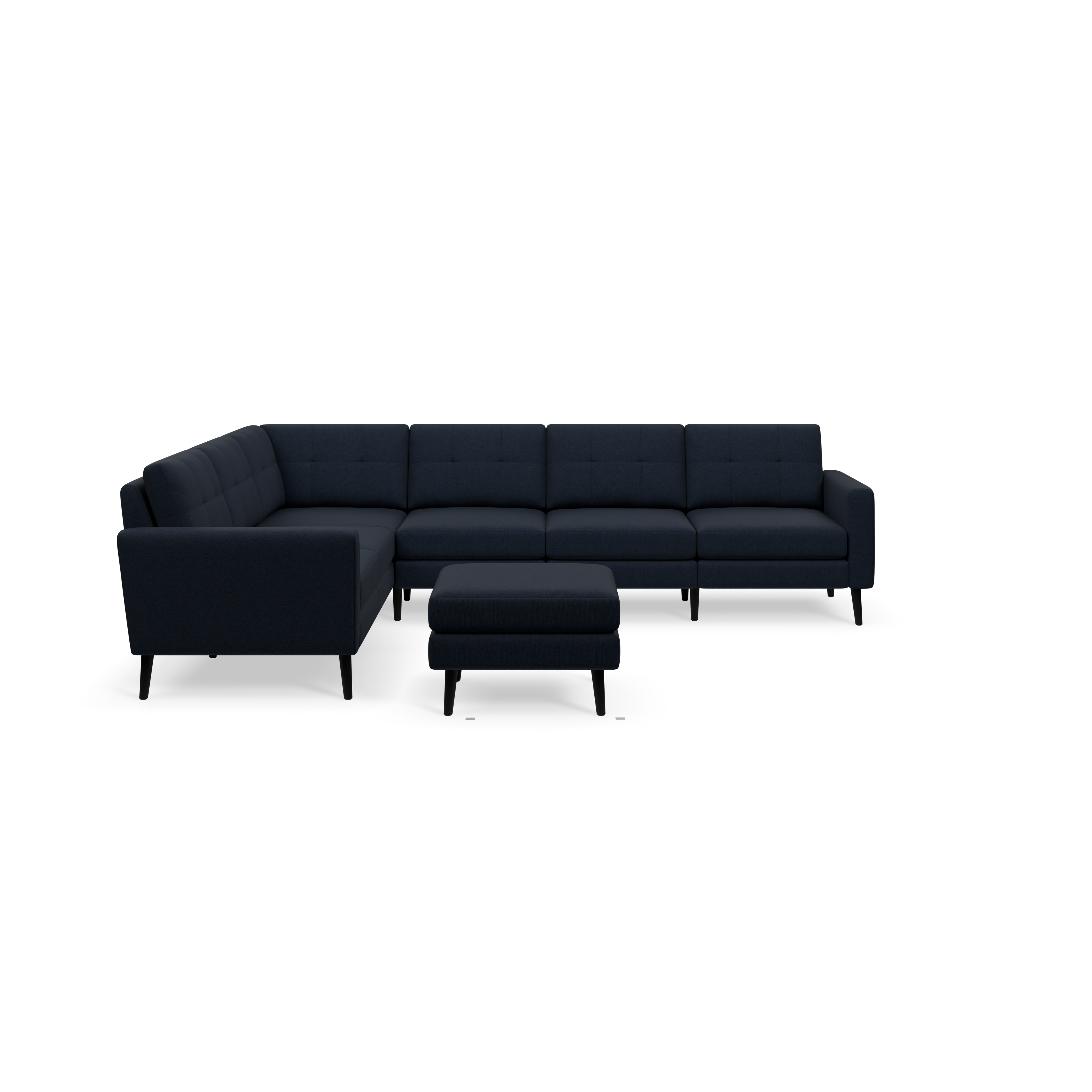 Dark navy blue L-shaped sectional sofa with tufted cushions and matching ottoman on black legs.