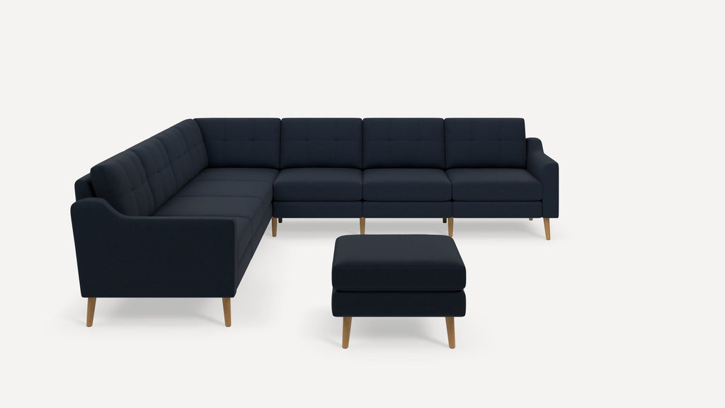 Nomad Plus 7-Seat Corner Sectional with Ottoman - Navy Blue - Performance Flatweave / Oak - Wood / Slope Arm