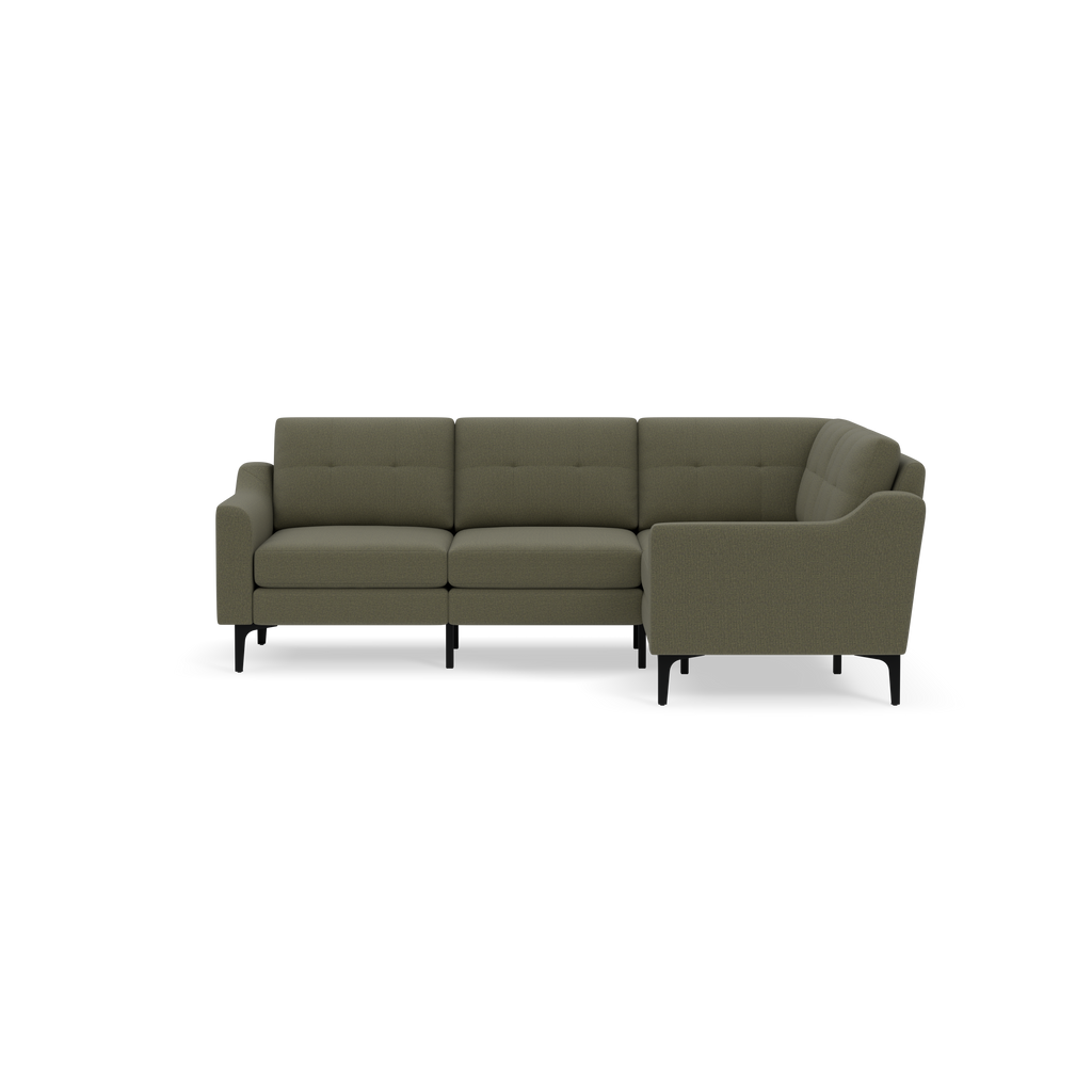 Modern olive green fabric sectional sofa with tufted back cushions and black legs, featuring a right-side chaise lounge.