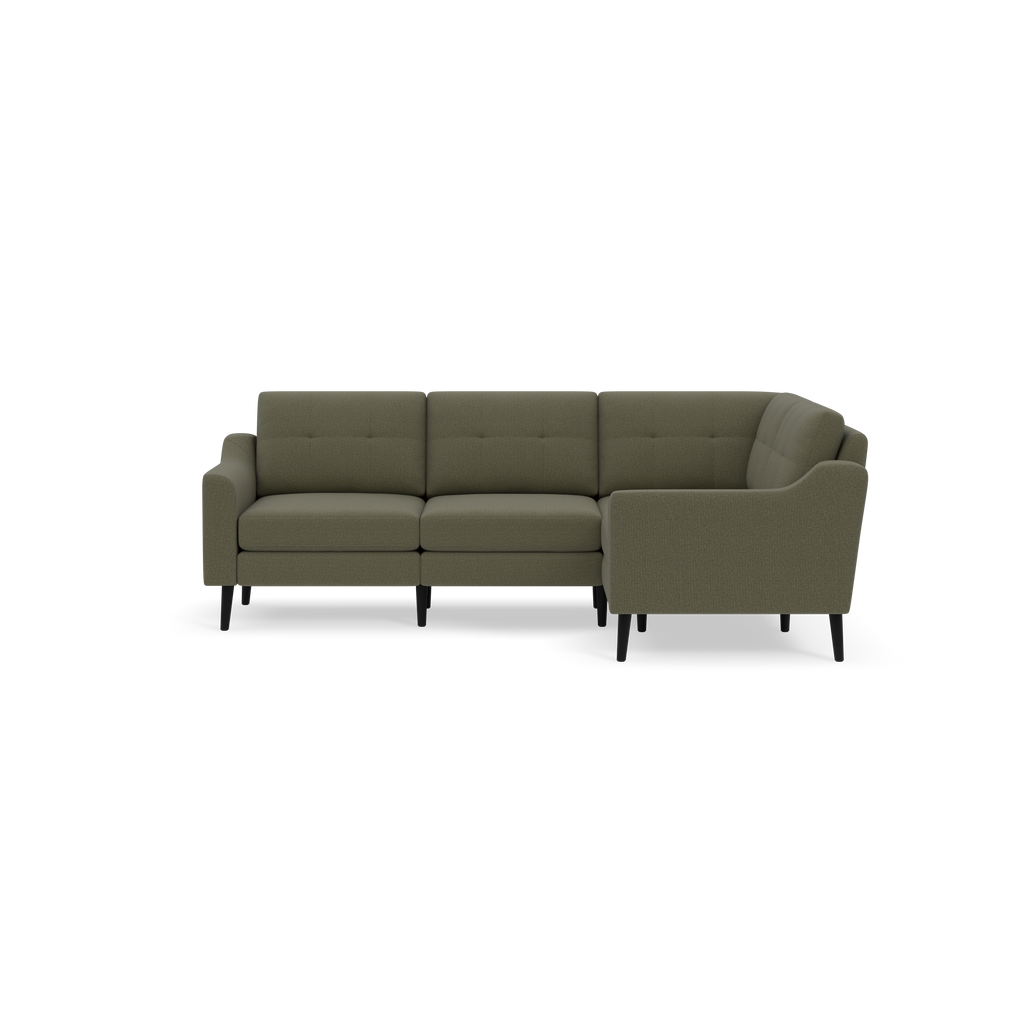 Olive green L-shaped sectional sofa with tufted cushions and black wooden legs, shown on a black background.