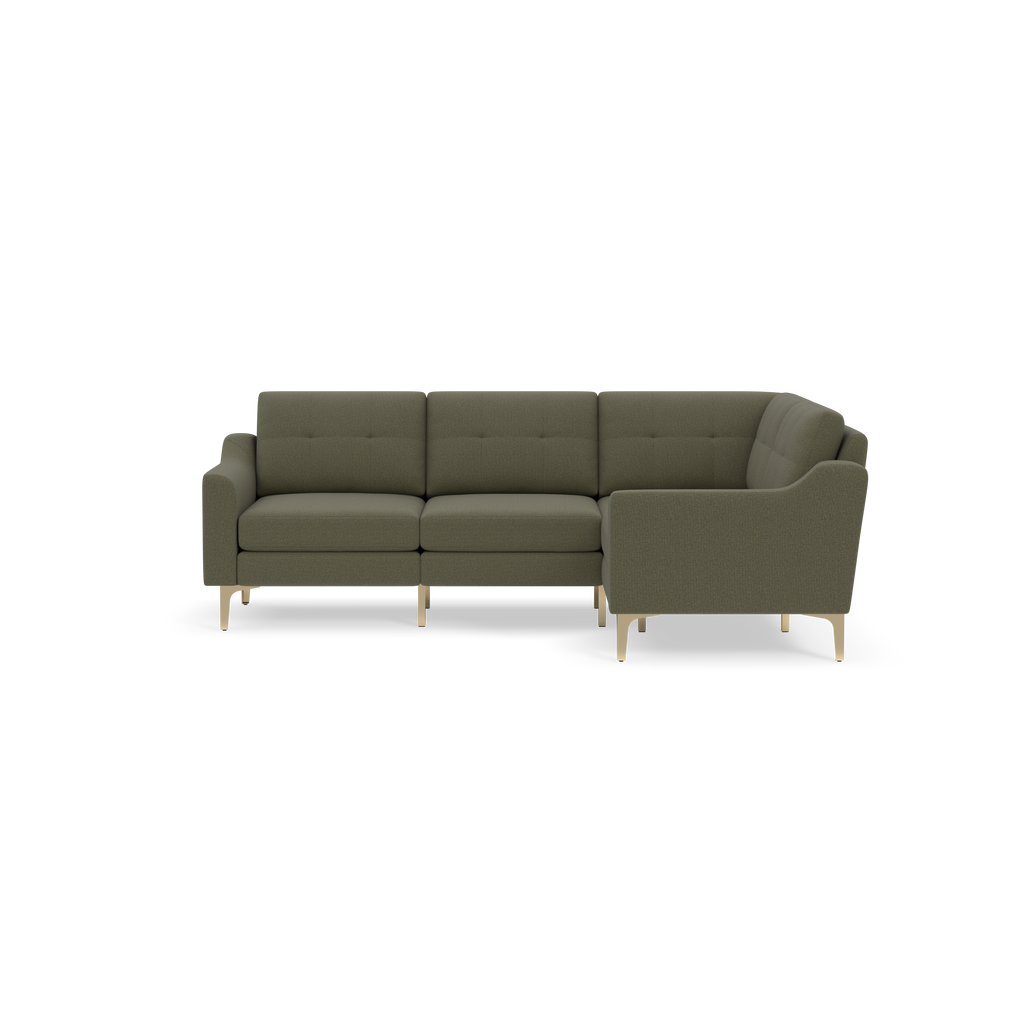 Modern olive green L-shaped sectional sofa with tufted cushions and light wooden legs, designed for comfortable seating.