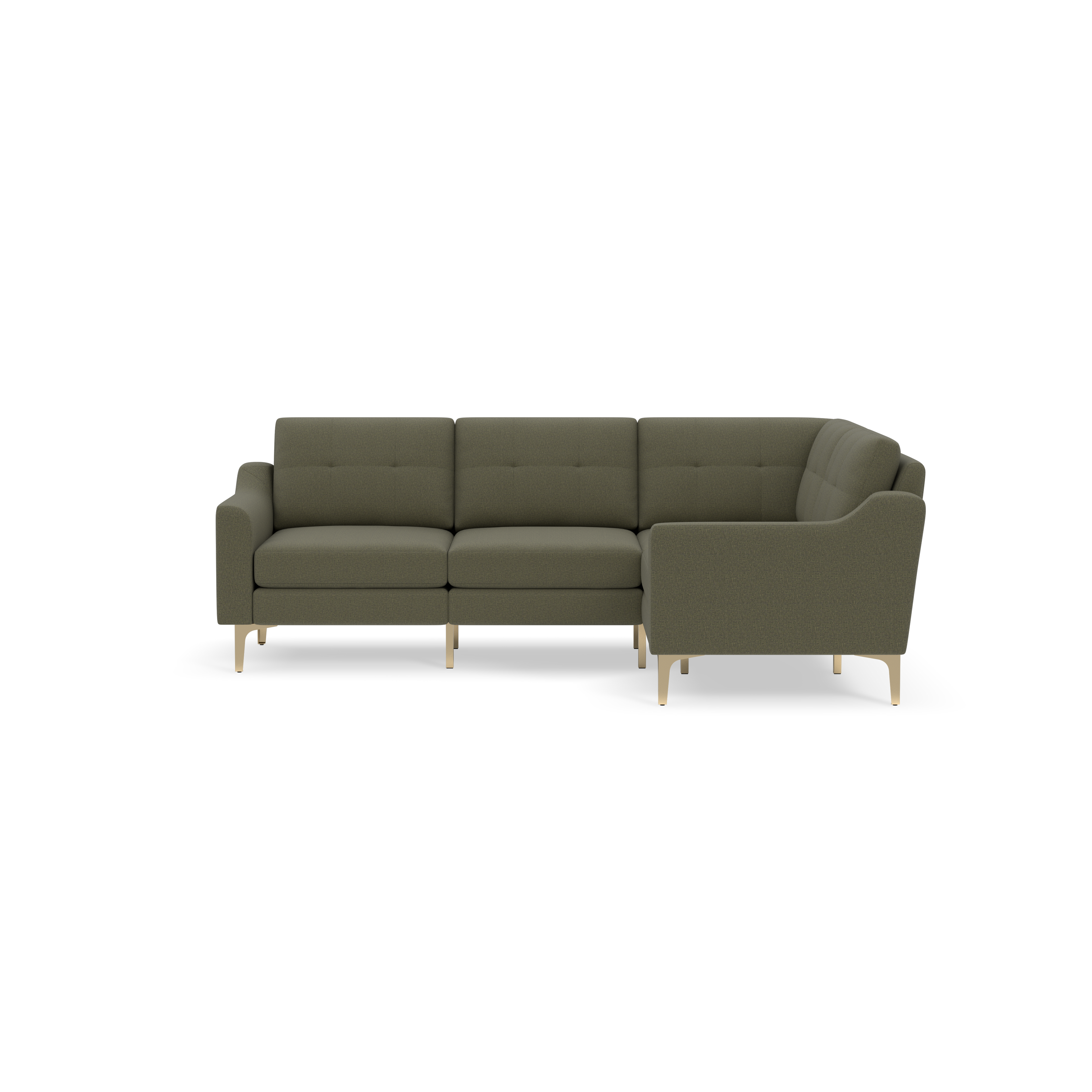 Modern olive green L-shaped sectional sofa with tufted cushions and light wooden legs, designed for comfortable seating.
