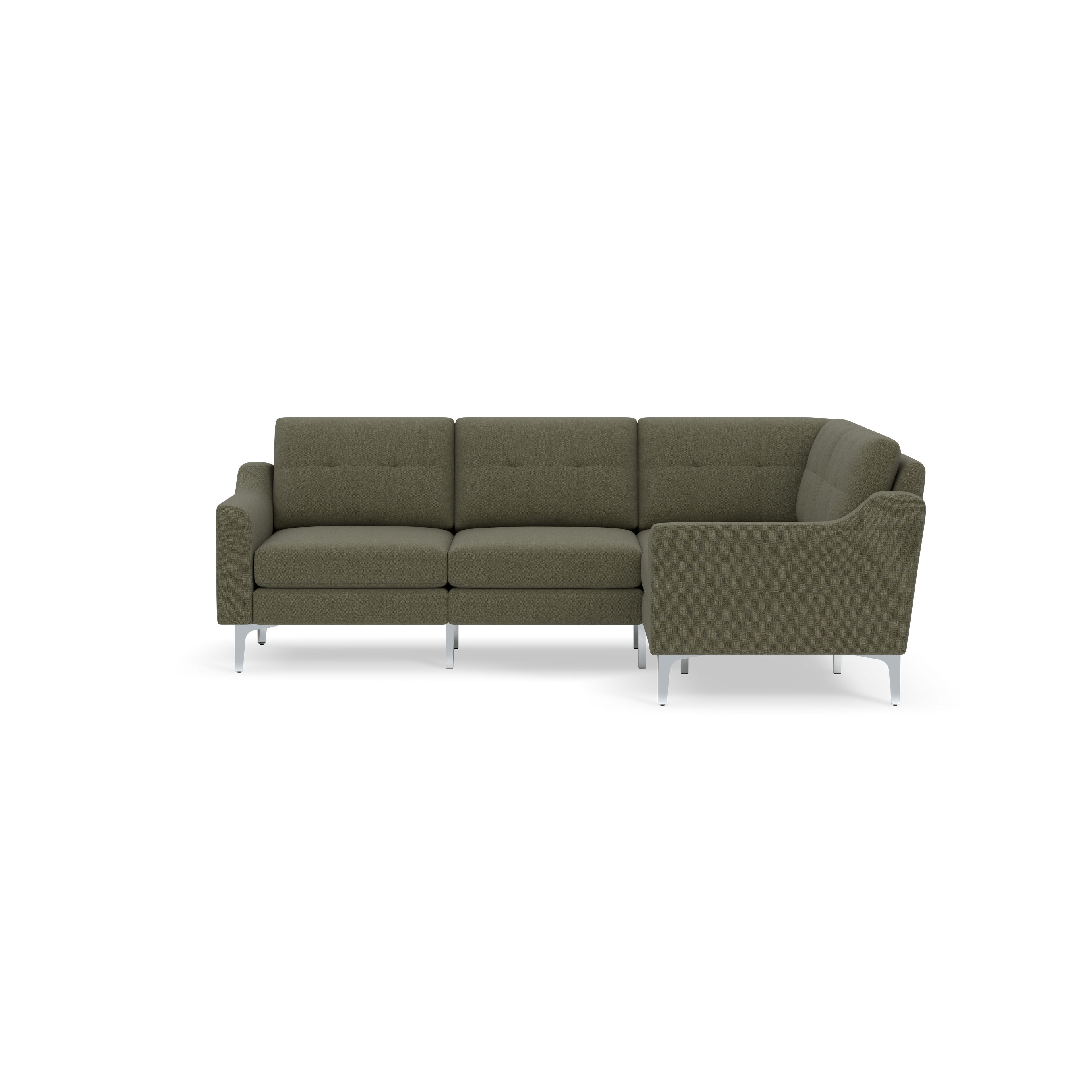 Modern olive green sectional sofa with clean lines, tufted cushions, armrests, and chrome metal legs on black background.