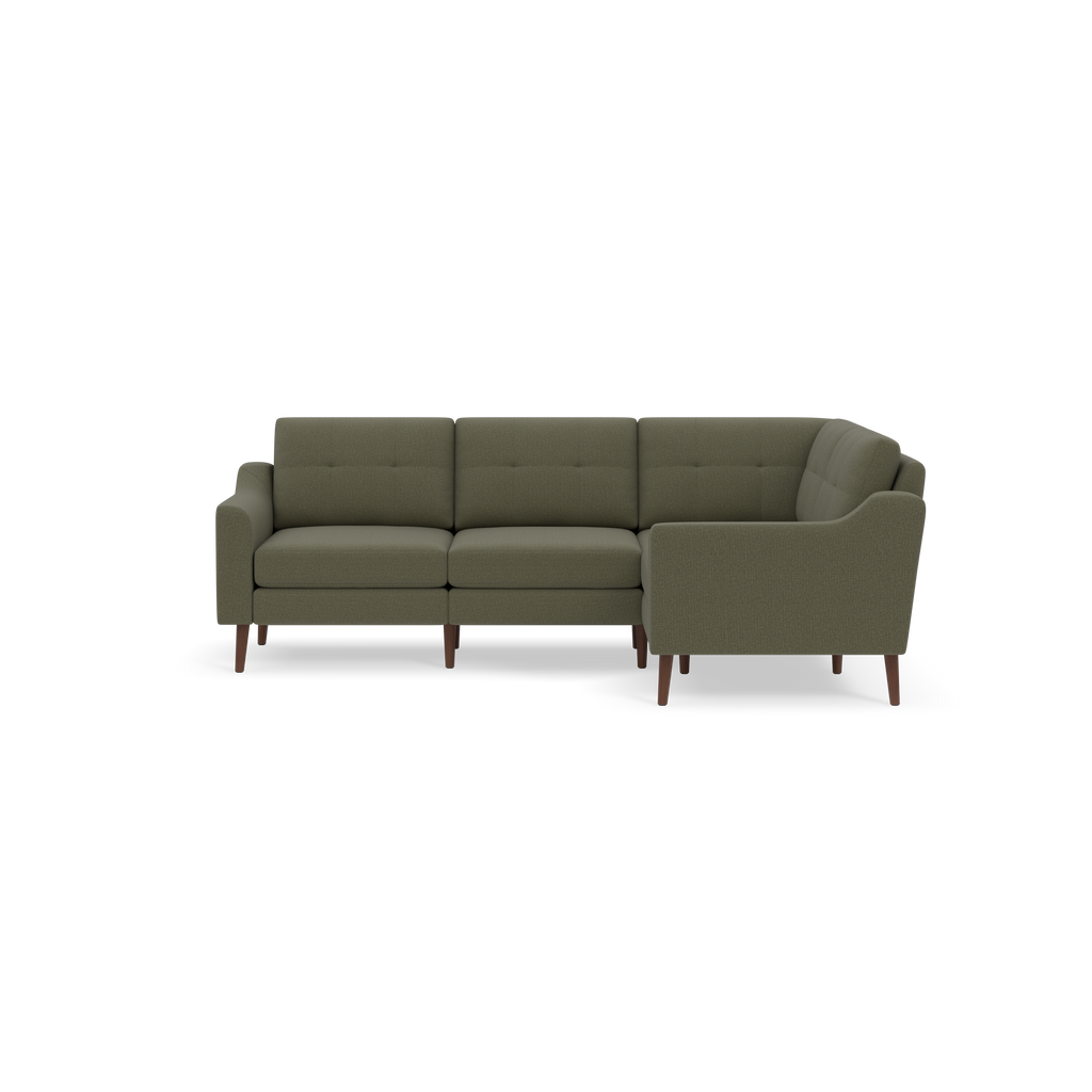 Modern L-shaped sectional sofa in olive green fabric with tufted cushions and wooden tapered legs on black background.