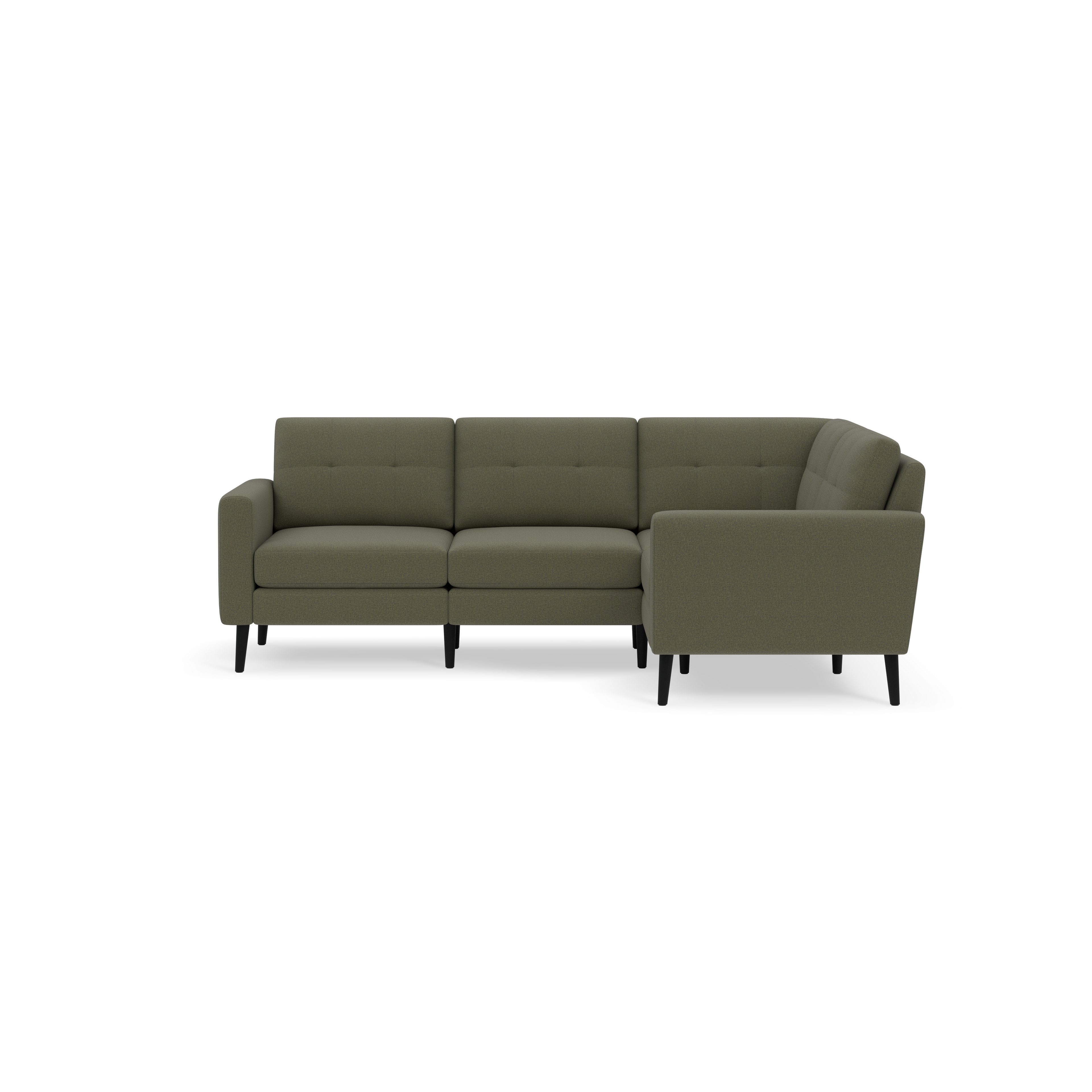 Modern olive green L-shaped sectional sofa with tufted back cushions and black tapered legs, set against a black background.