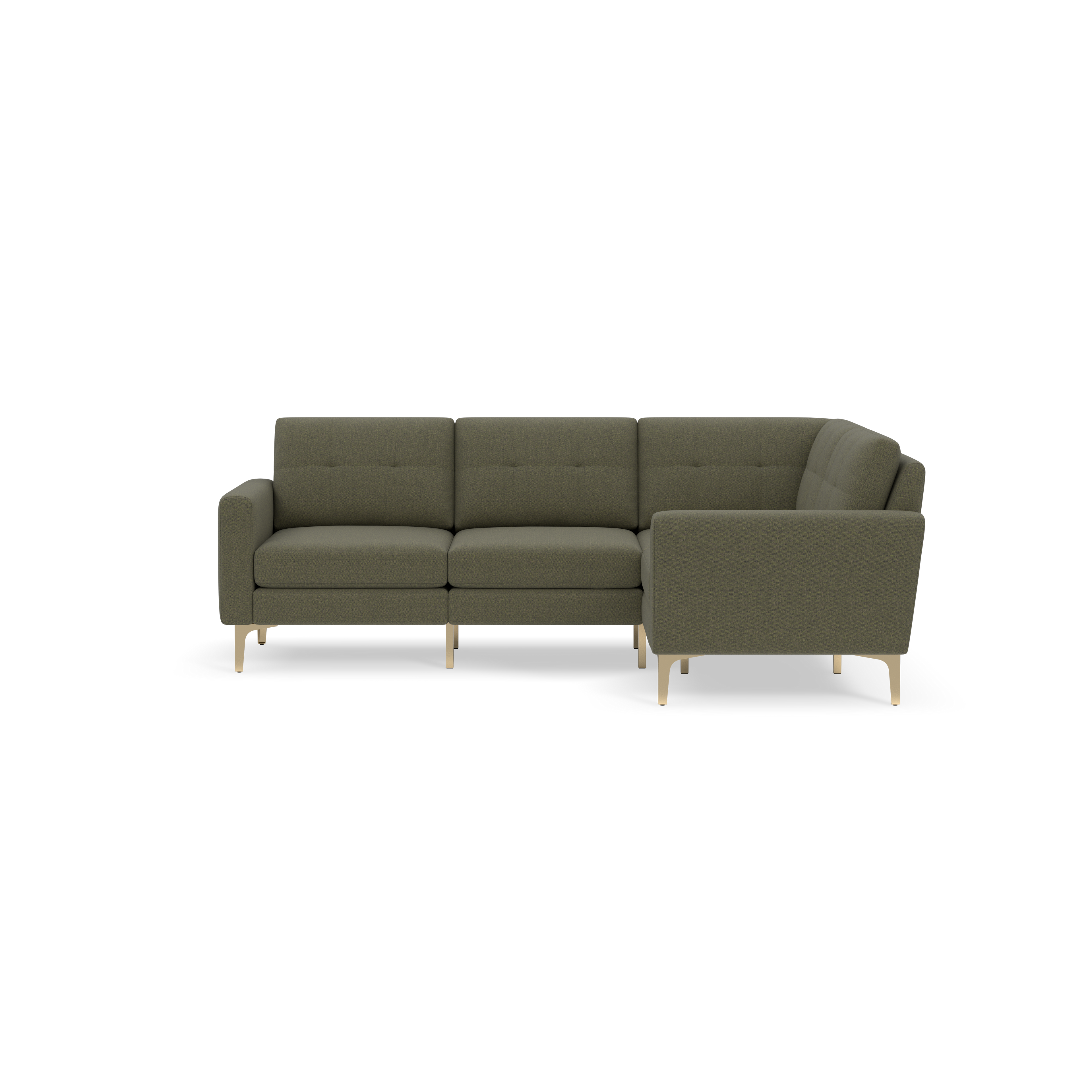 Modern olive green fabric sectional sofa with tufted cushions and angled gold legs, set against a black background.
