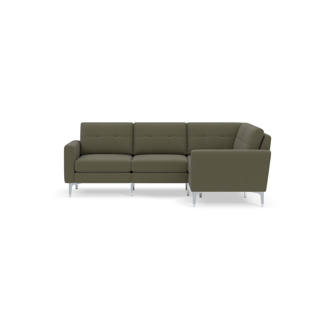 Olive green modern L-shaped sectional sofa with tufted cushions and metal legs, designed for comfort and style.