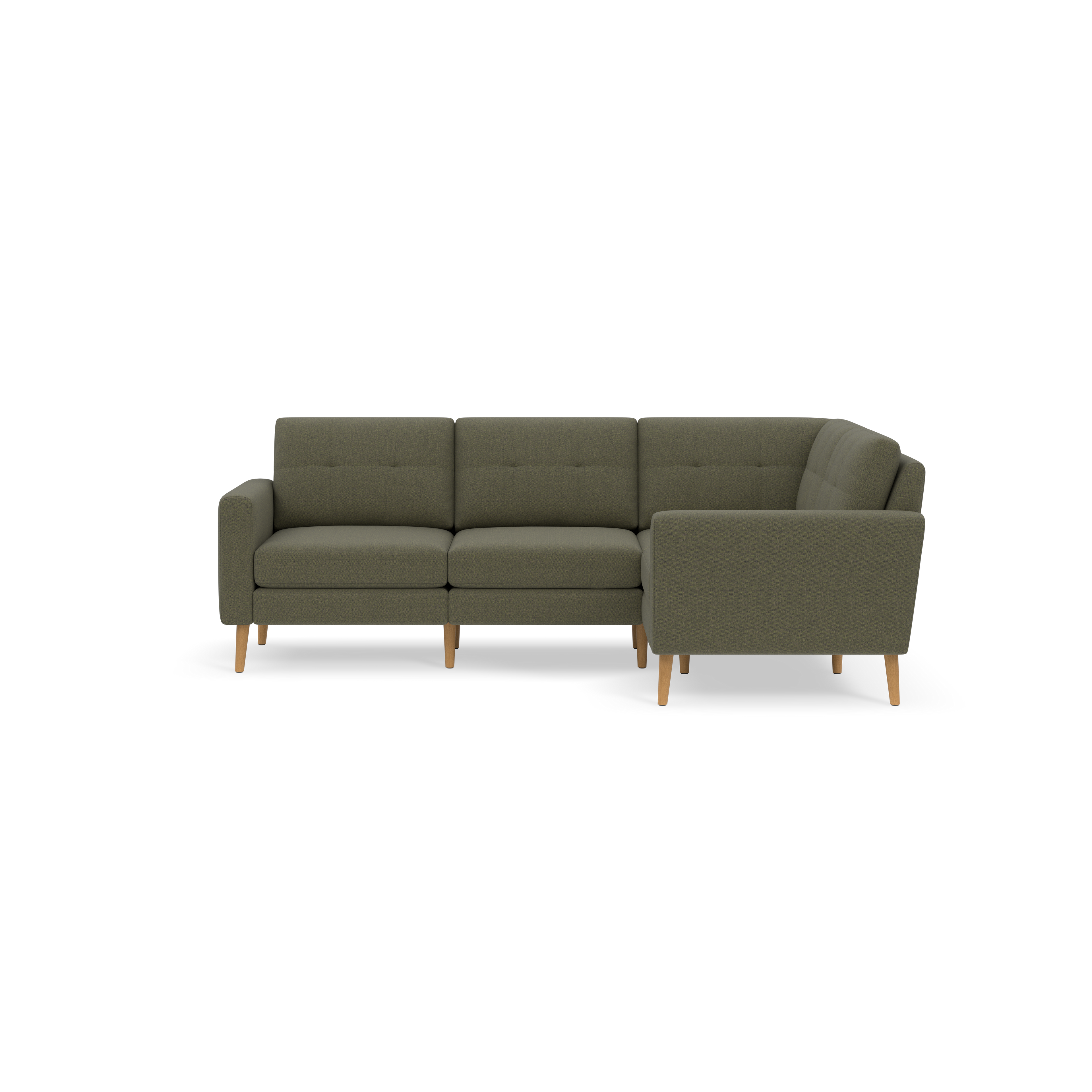 L-shaped sectional sofa with olive green fabric upholstery, tufted back cushions, and light wooden legs.