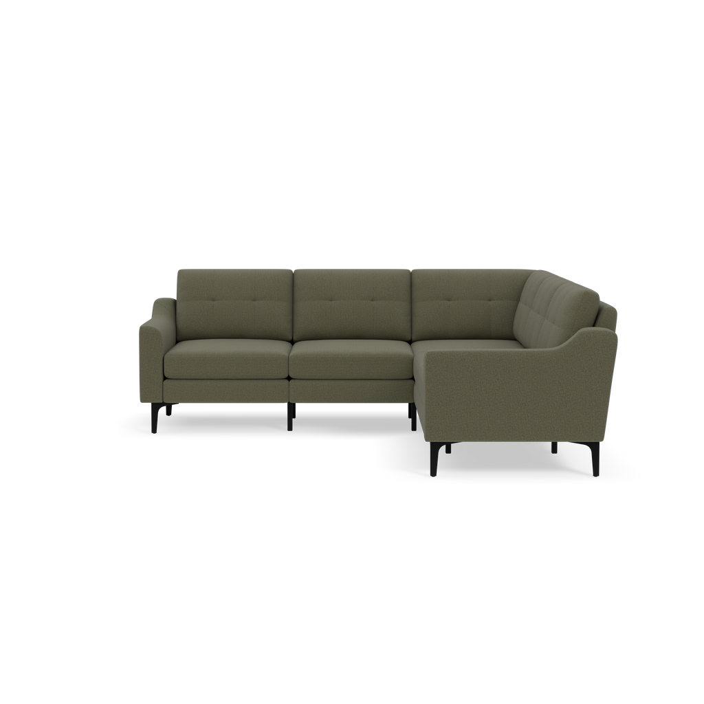 Modern olive green L-shaped sectional sofa with tufted back cushions, clean lines, and black tapered legs on a black background.