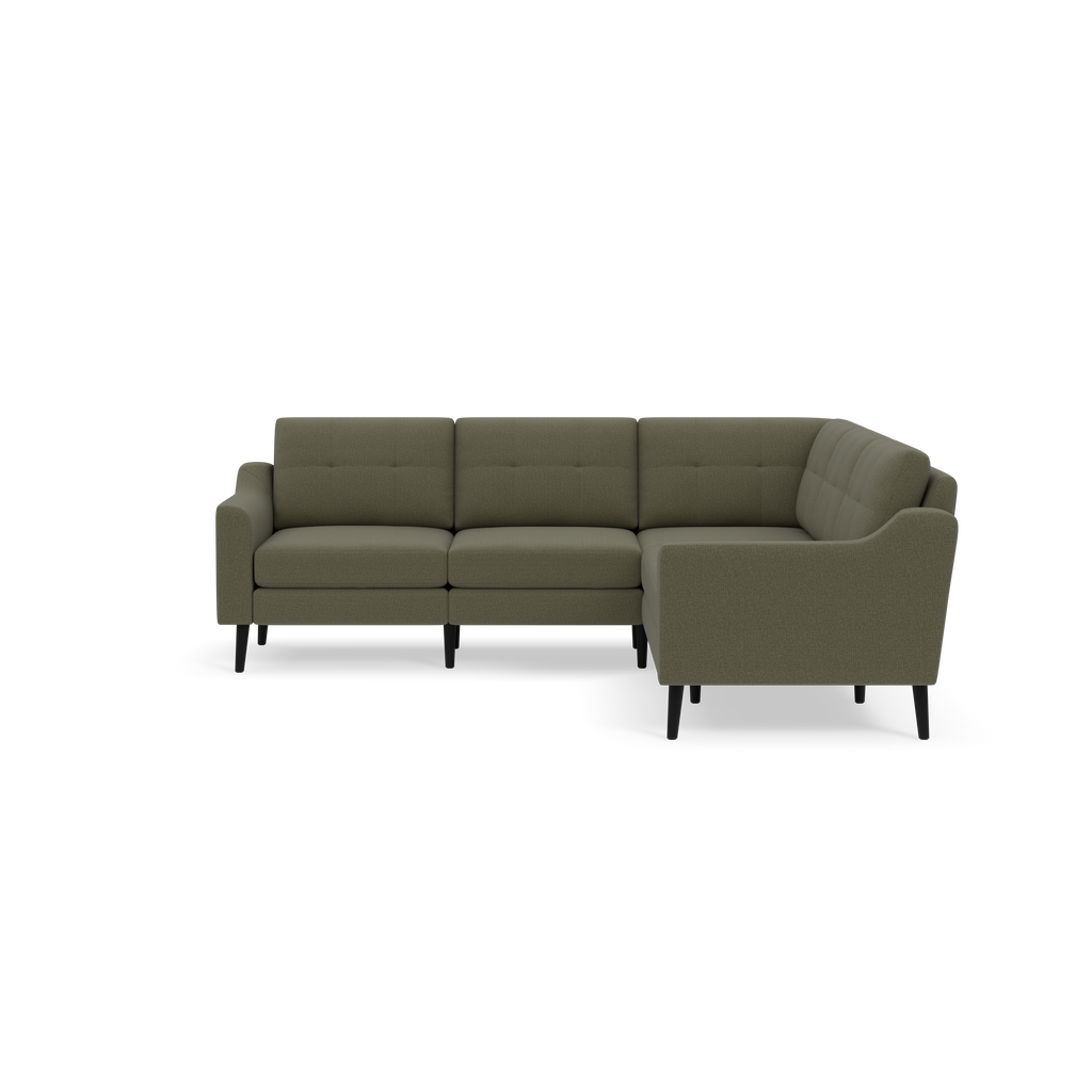 Modern olive green L-shaped fabric sectional sofa with tufted back cushions and slim black legs against black background.