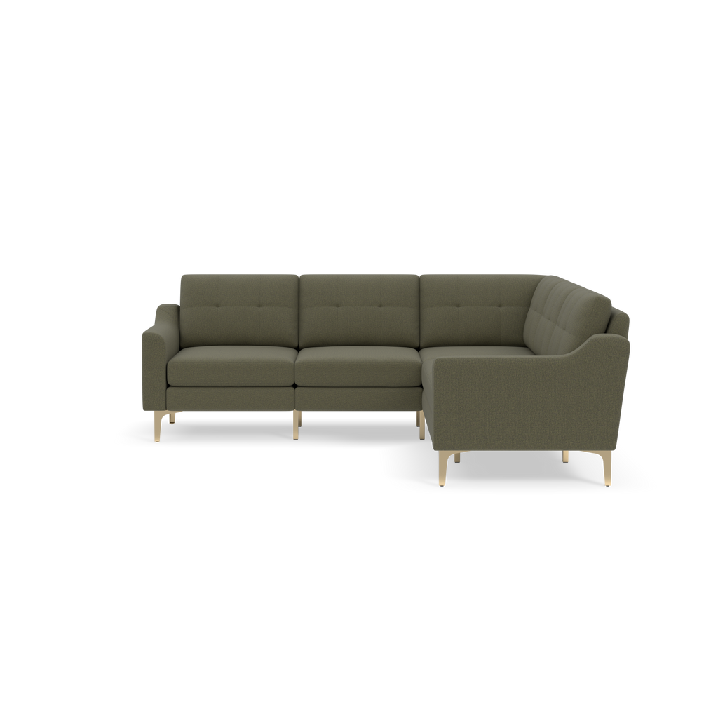 L-shaped sectional sofa with olive green fabric upholstery, tufted back cushions, and light wooden legs, shown against black background.