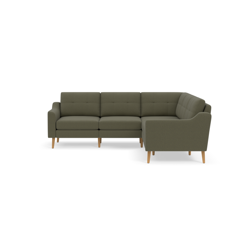 Modern L-shaped sectional sofa with olive green fabric upholstery and wooden legs, featuring tufted back cushions and armrests.