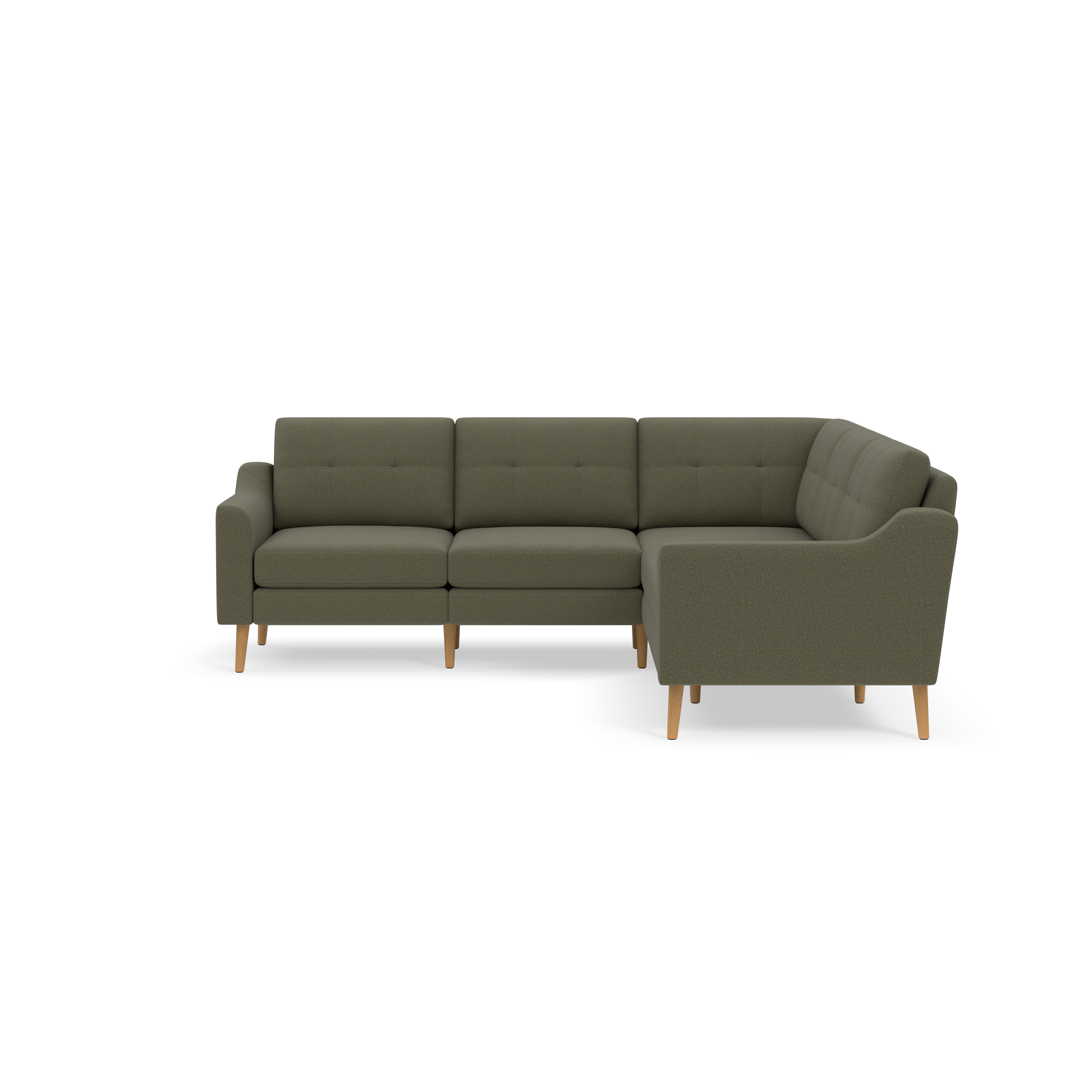 Modern L-shaped sectional sofa with olive green fabric upholstery and wooden legs, featuring tufted back cushions and armrests.