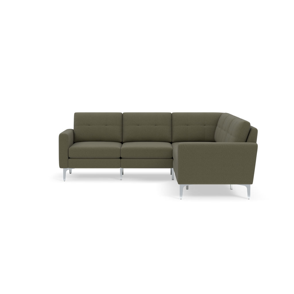 Modern olive green sectional sofa with clean lines, tufted back cushions, and silver metal legs, shown on black background.
