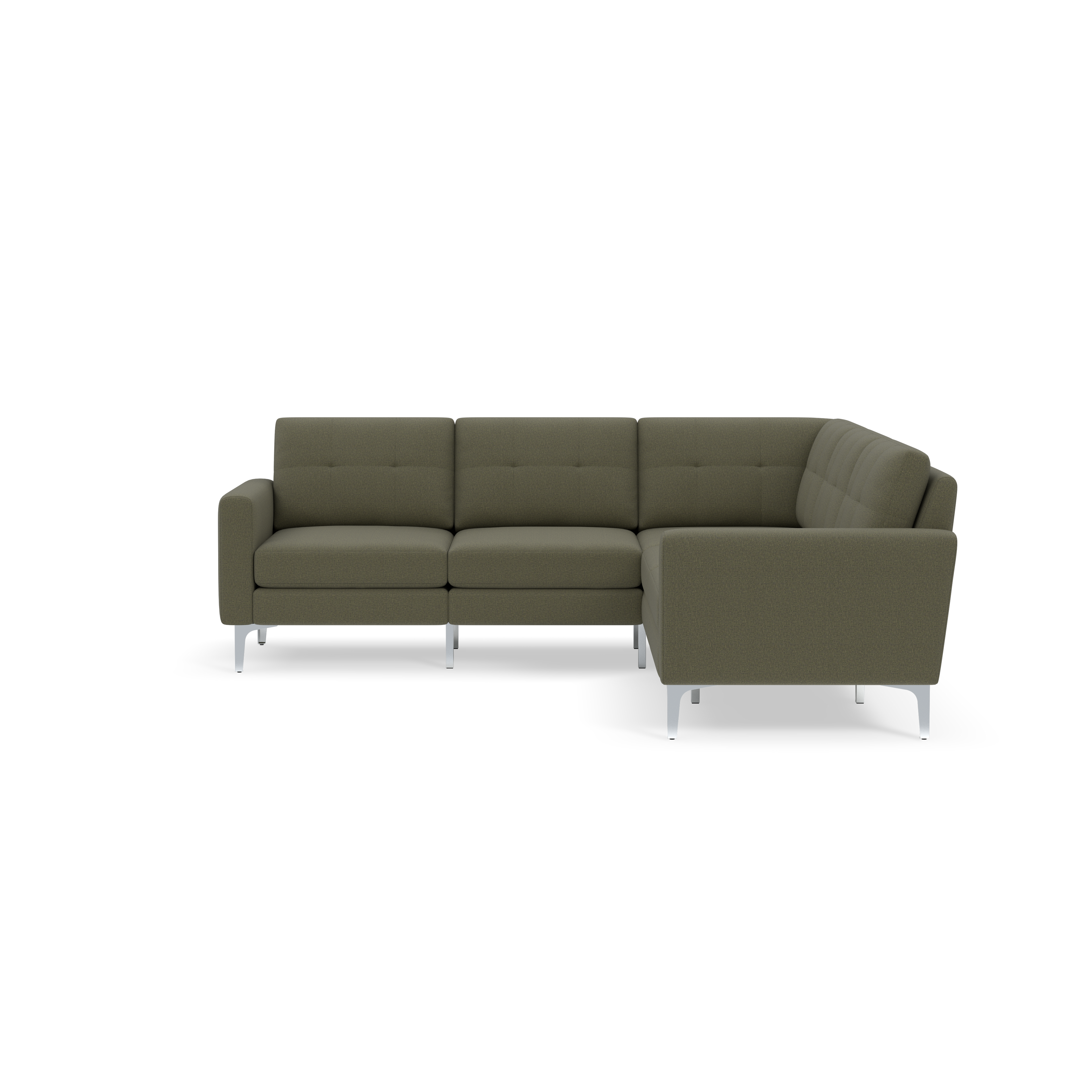 Modern olive green sectional sofa with clean lines, tufted back cushions, and silver metal legs, shown on black background.