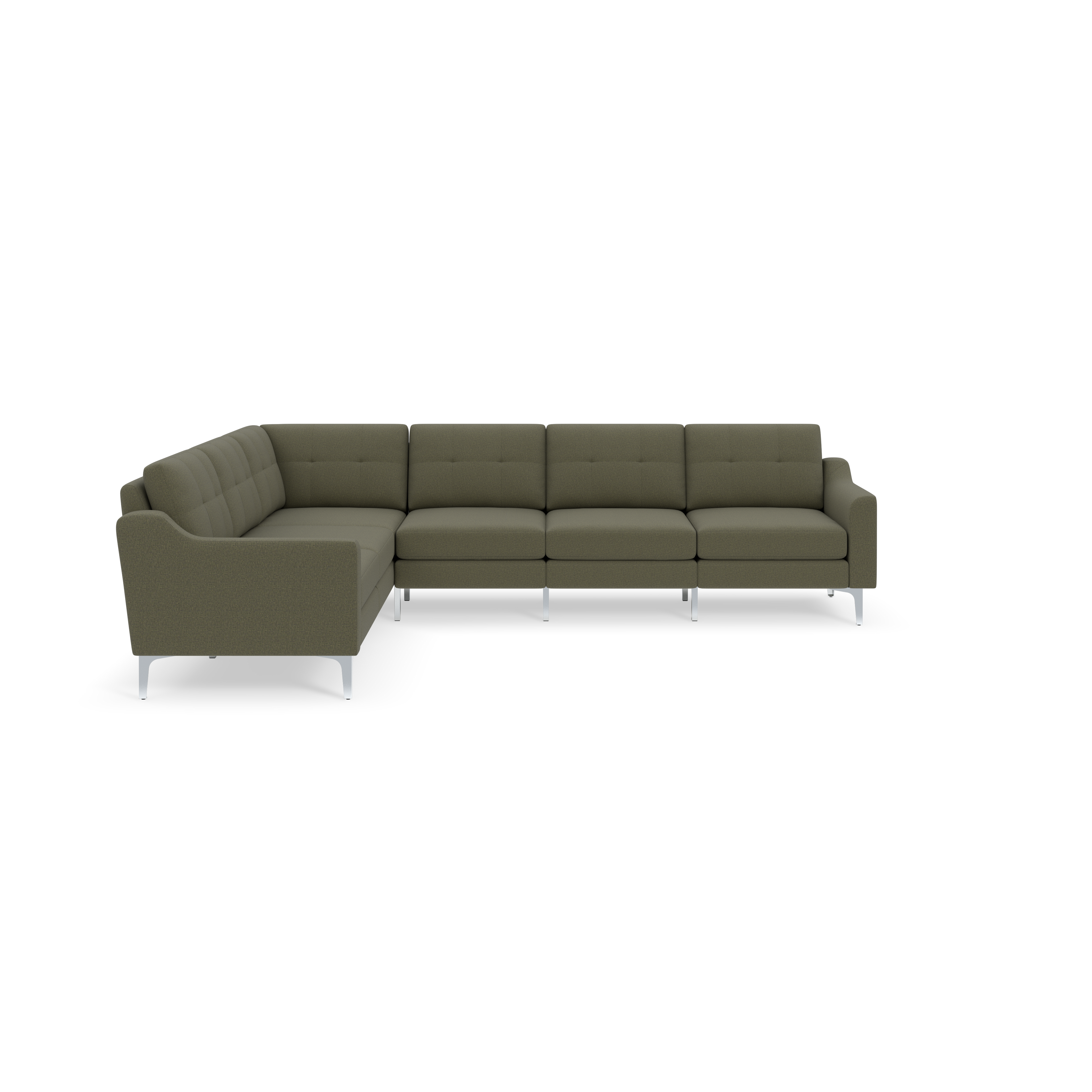 Modern L-shaped sectional sofa in Moss green fabric with tufted back cushions and sleek metal legs against black background.