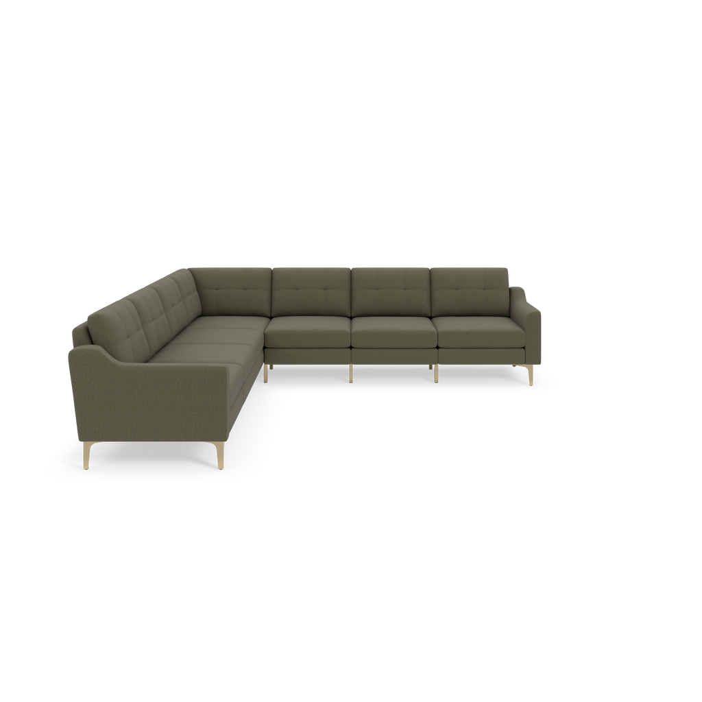 L-shaped sectional sofa with olive-green tufted upholstery and light wooden legs, designed for spacious living areas.