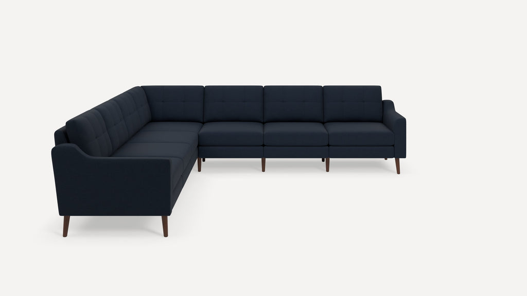 Nomad Plus 7-Seat Corner Sectional - Navy Blue - Performance Flatweave / Walnut - Wood / Slope Arm