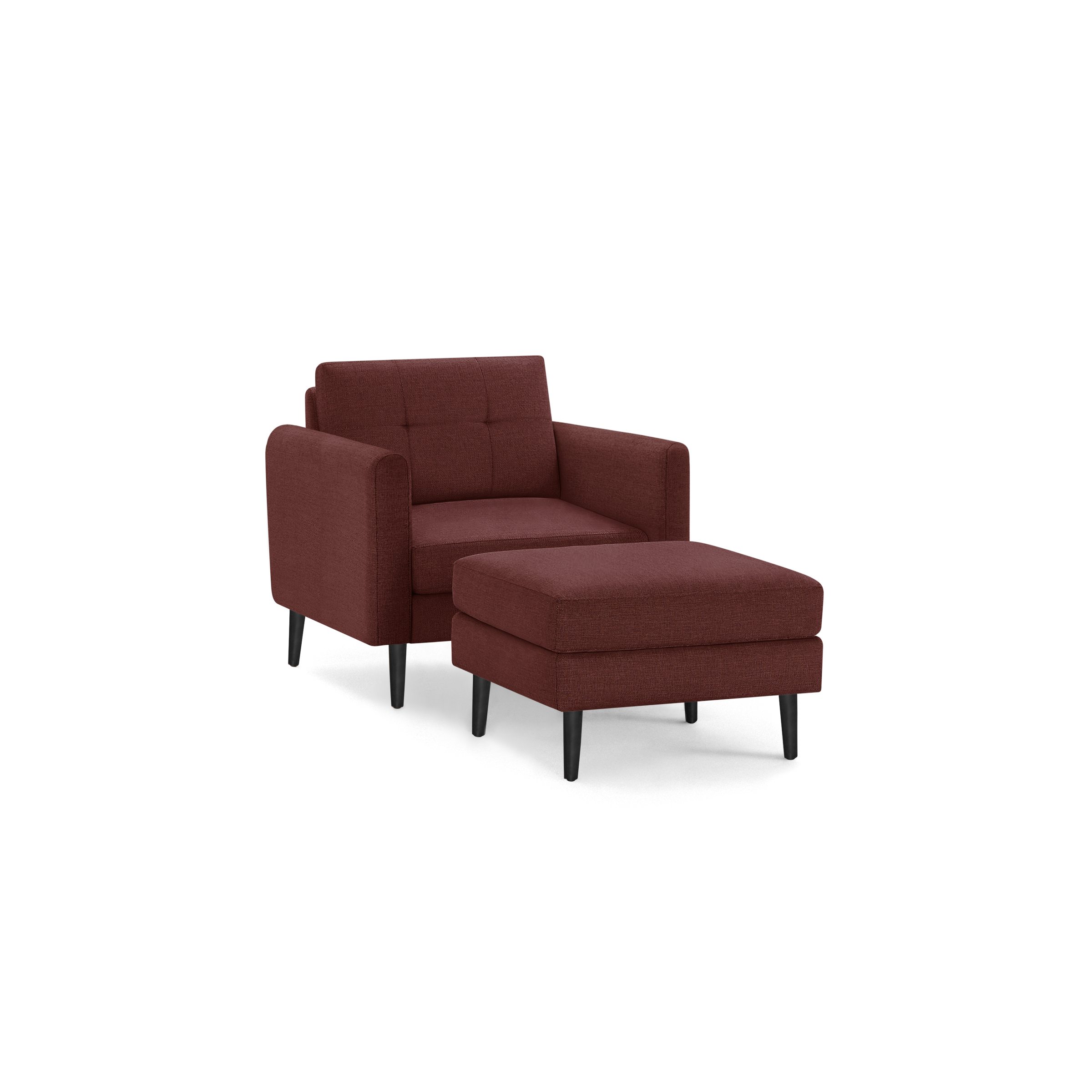 Red fabric armchair with matching ottoman, featuring tufted backrest and black tapered legs, modern and cozy design.