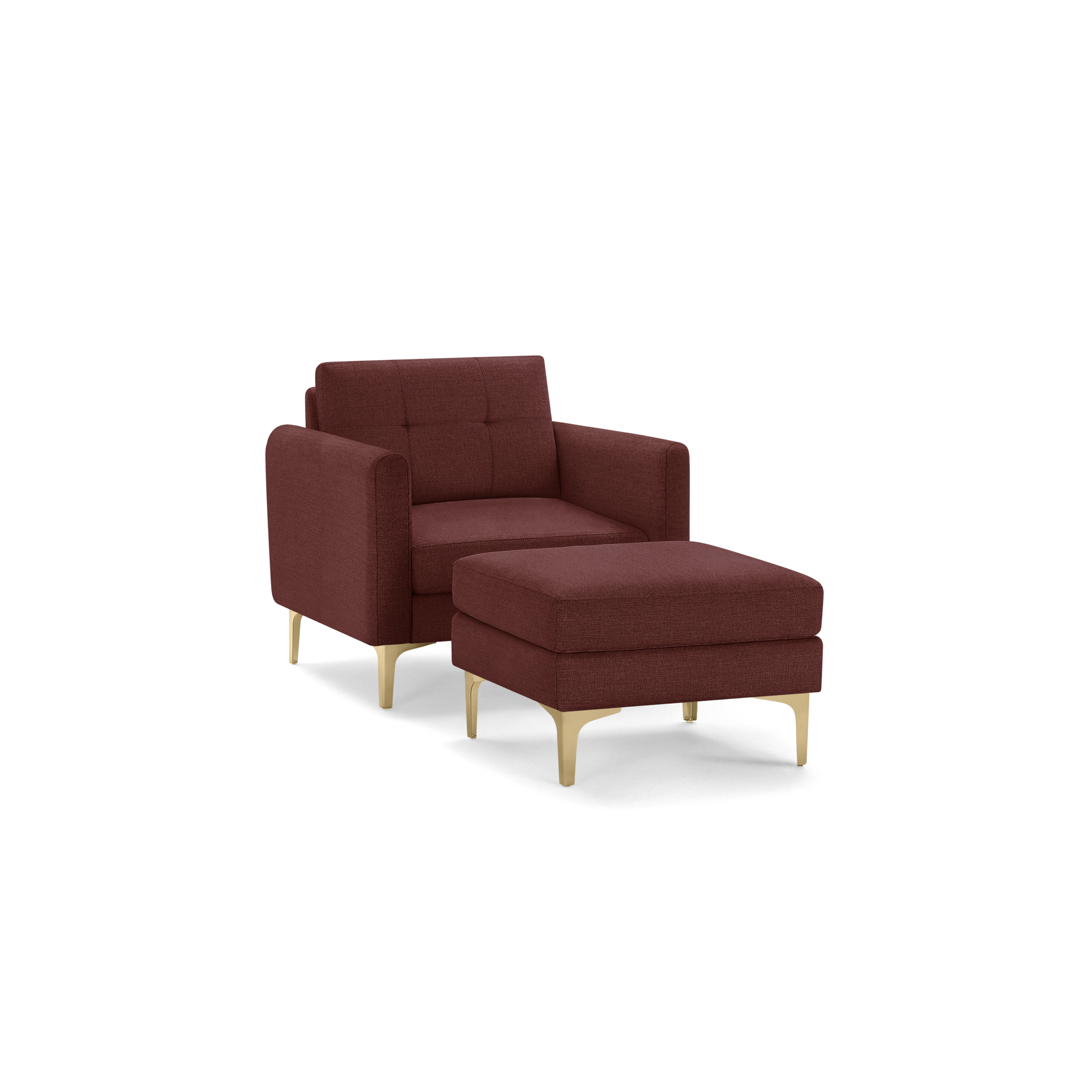 Modern maroon upholstered armchair with matching ottoman, both featuring light wooden legs and tufted backrest design.