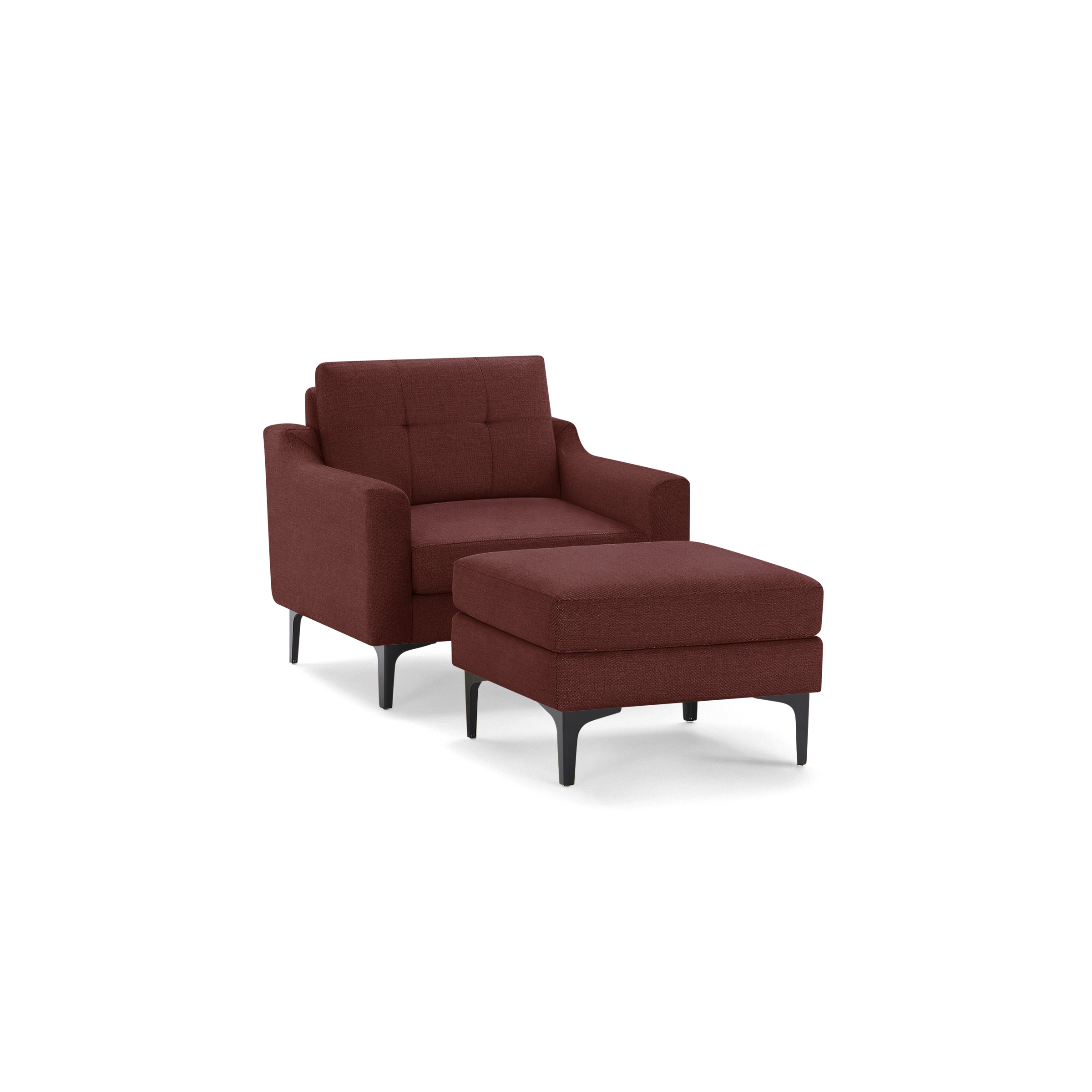 Modern burgundy upholstered armchair with matching ottoman, tufted backrest, and black metal legs.