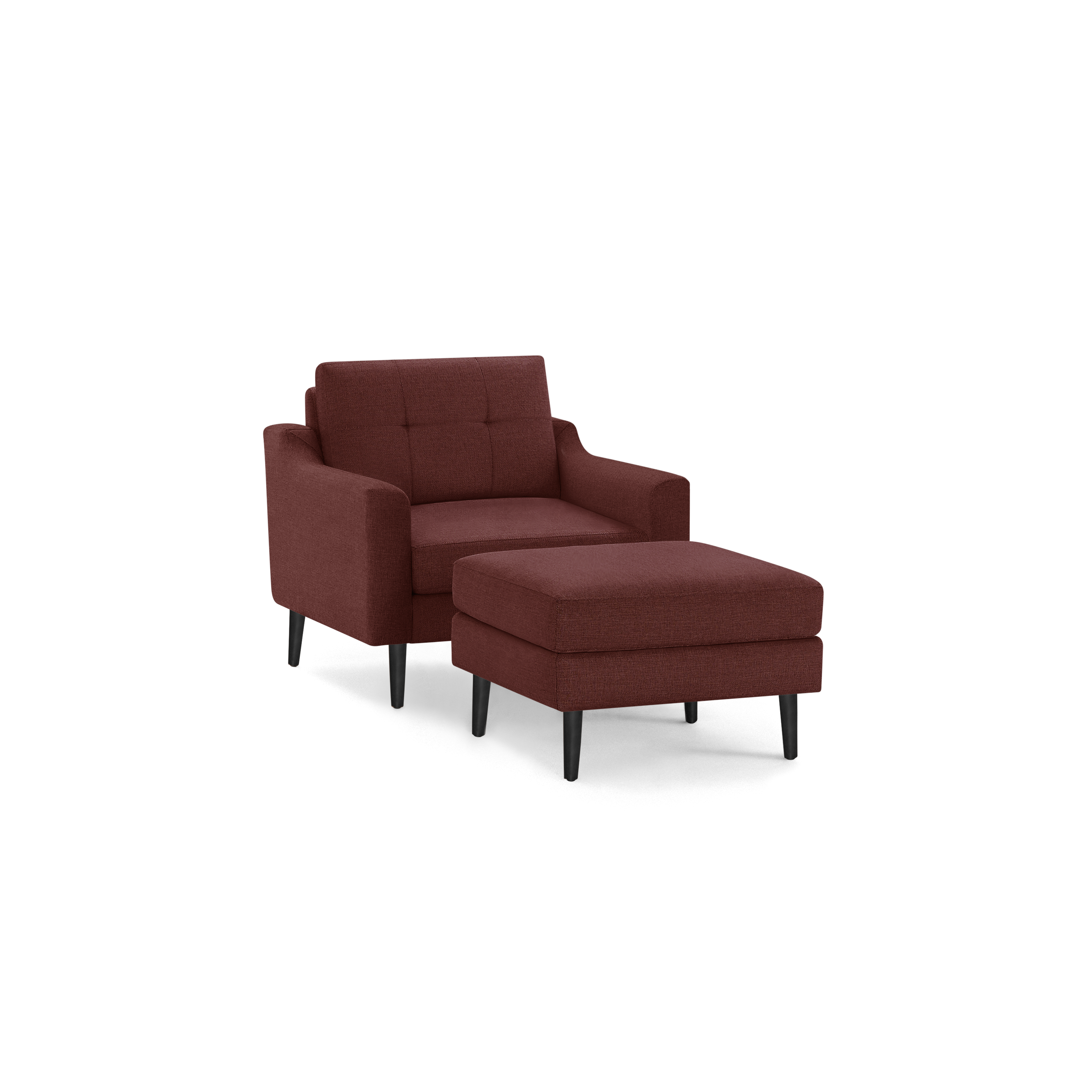 Contemporary brick-red upholstered armchair with matching ottoman, black tapered wooden legs, and tufted backrest cushion.