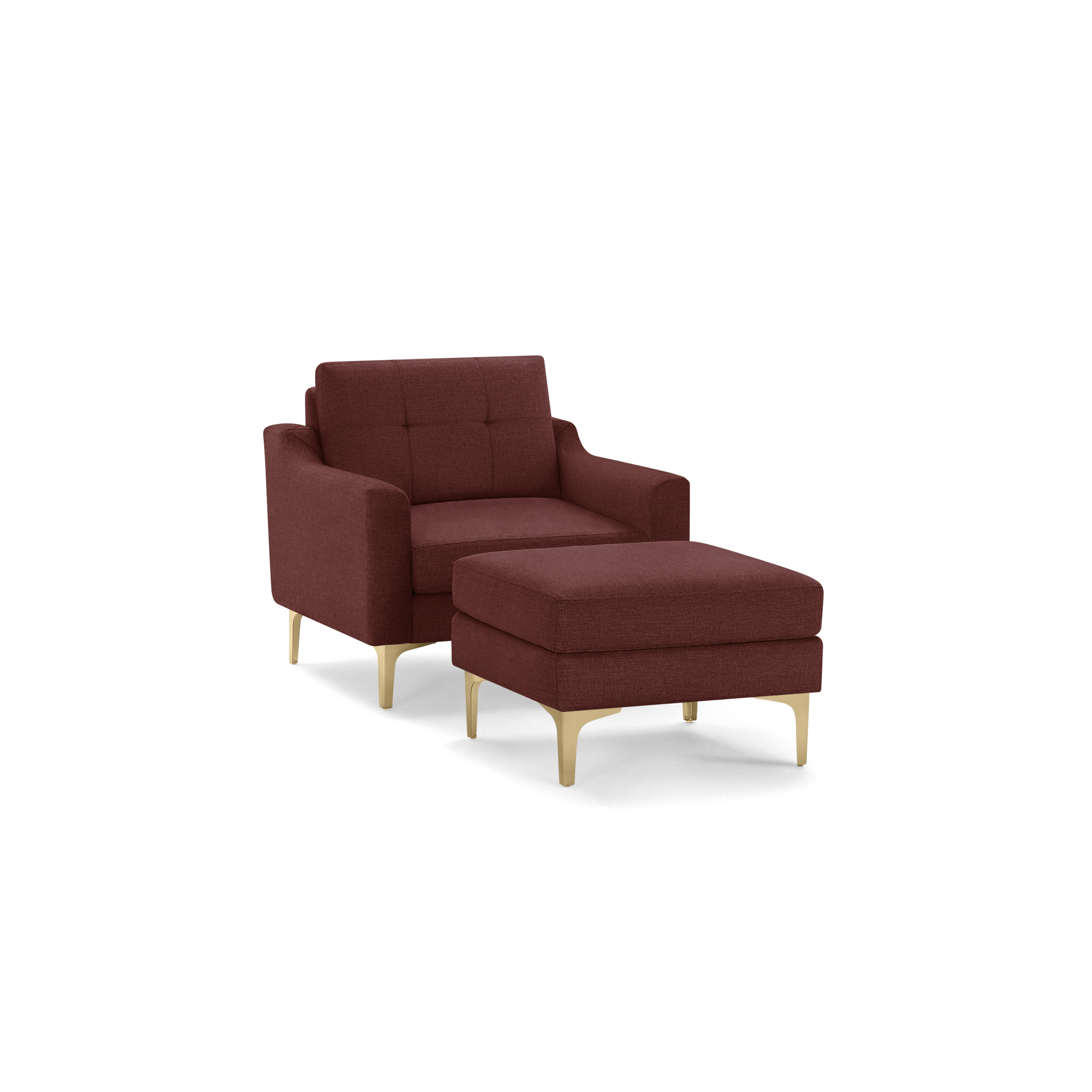 Modern deep red fabric armchair with matching ottoman, featuring tufted backrest and gold metal legs.