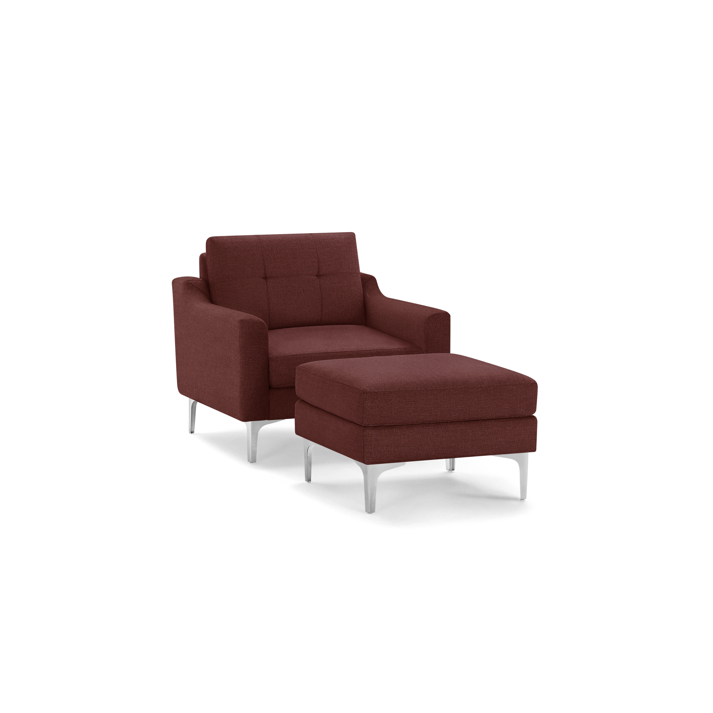 Modern deep red upholstered armchair with matching cushioned ottoman and sleek silver legs, designed for comfort and style.