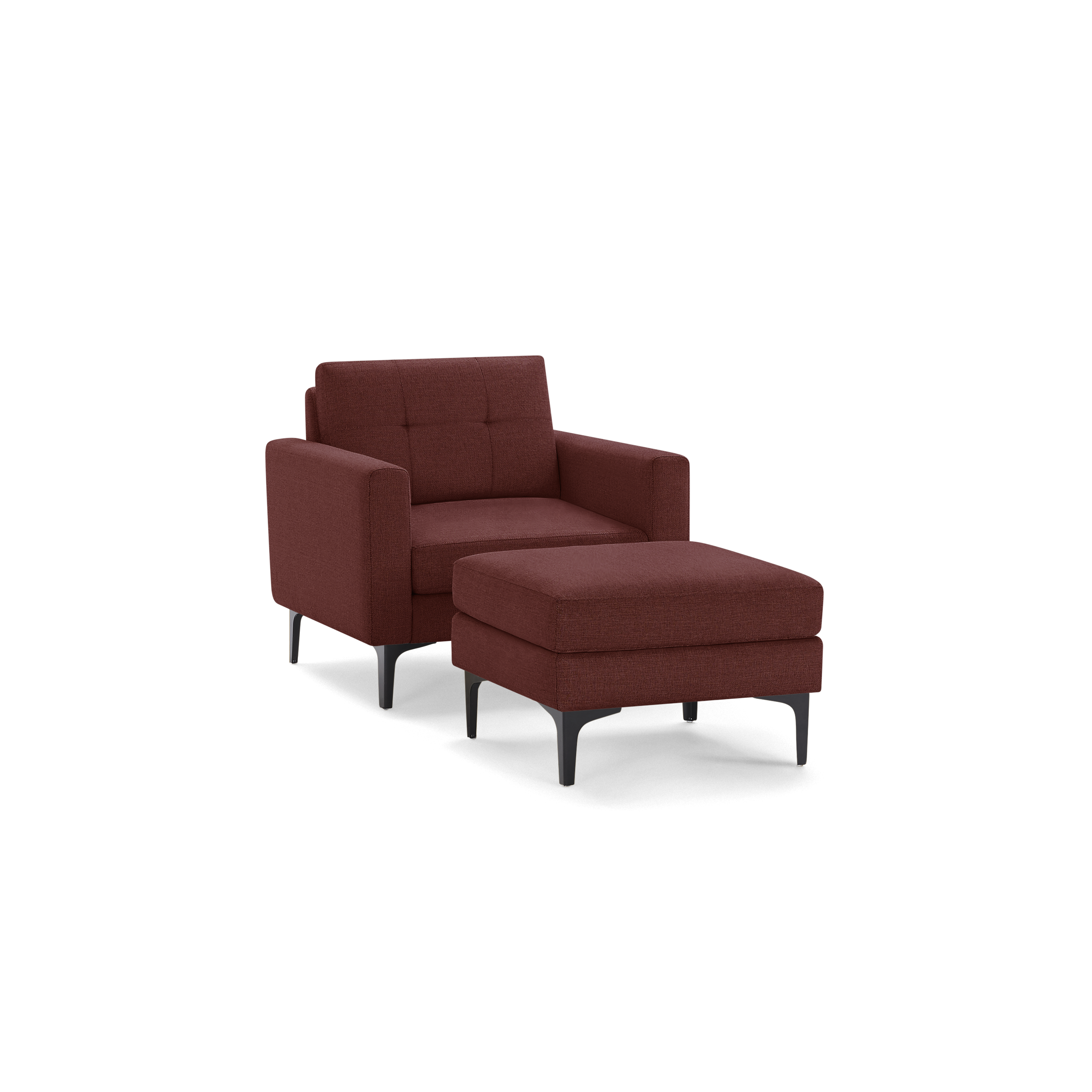 Modern rust-colored fabric armchair with matching cushioned ottoman, black tapered legs, and tufted backrest.