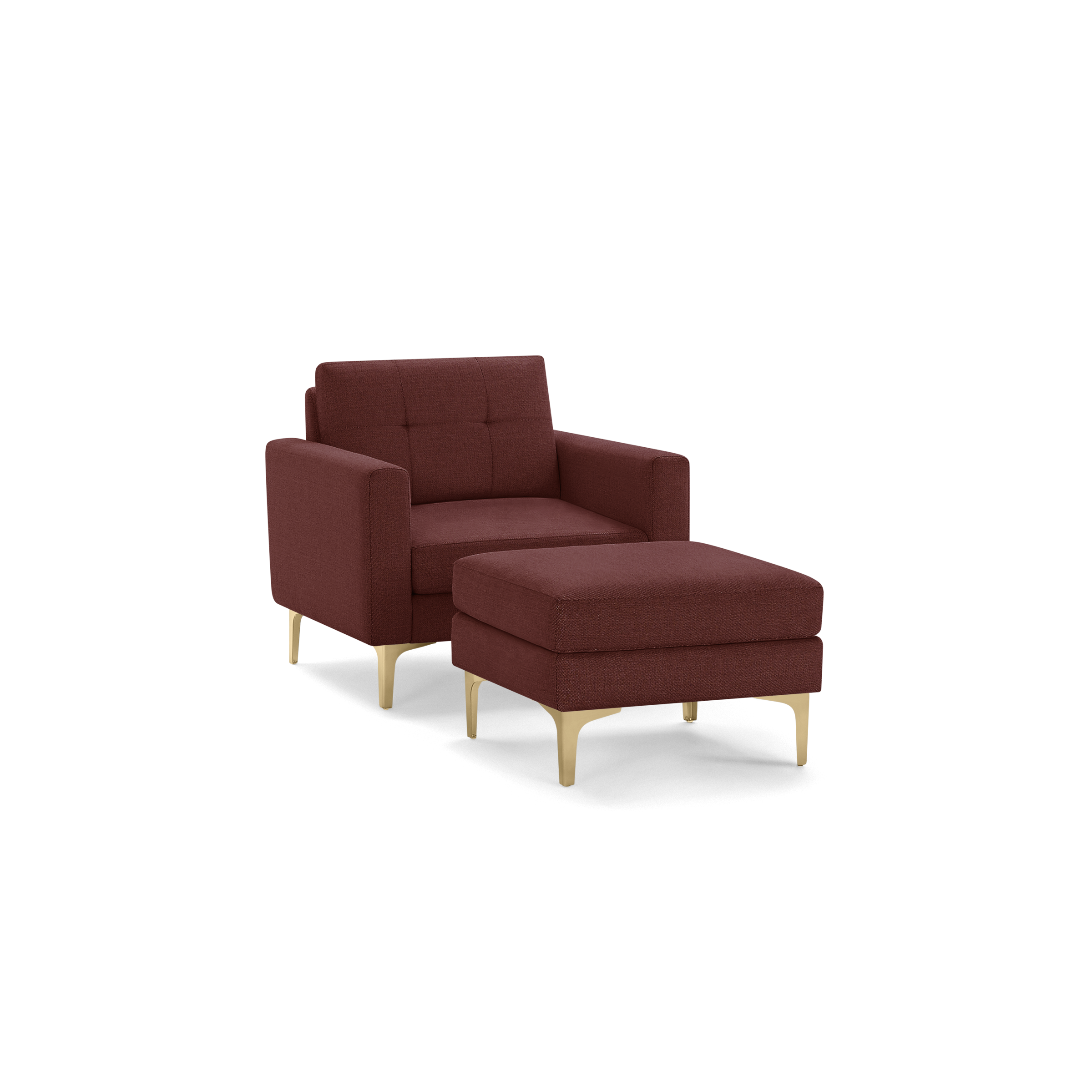 Modern burgundy fabric armchair with tufted backrest and matching cushioned ottoman, supported by light wooden legs.