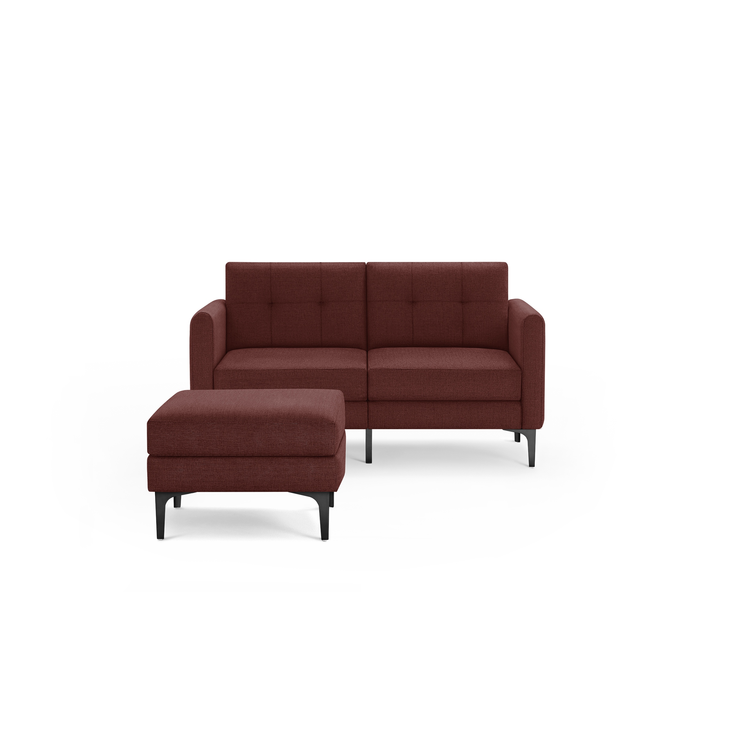 Modern dark red fabric loveseat with button-tufted back cushions and matching ottoman on black metal legs.