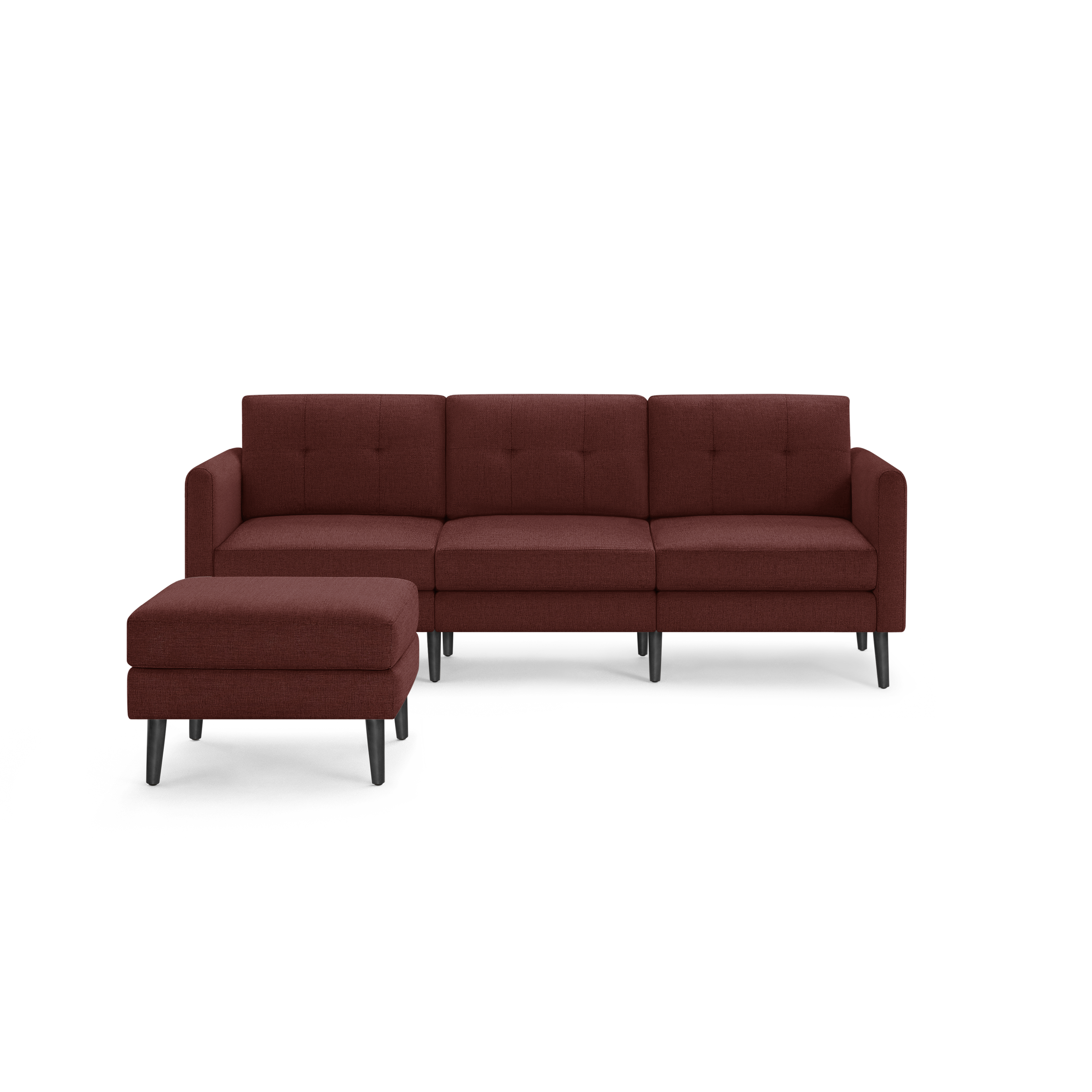 Modern sectional sofa with tufted back cushions and matching ottoman, upholstered in deep red fabric with black tapered legs.