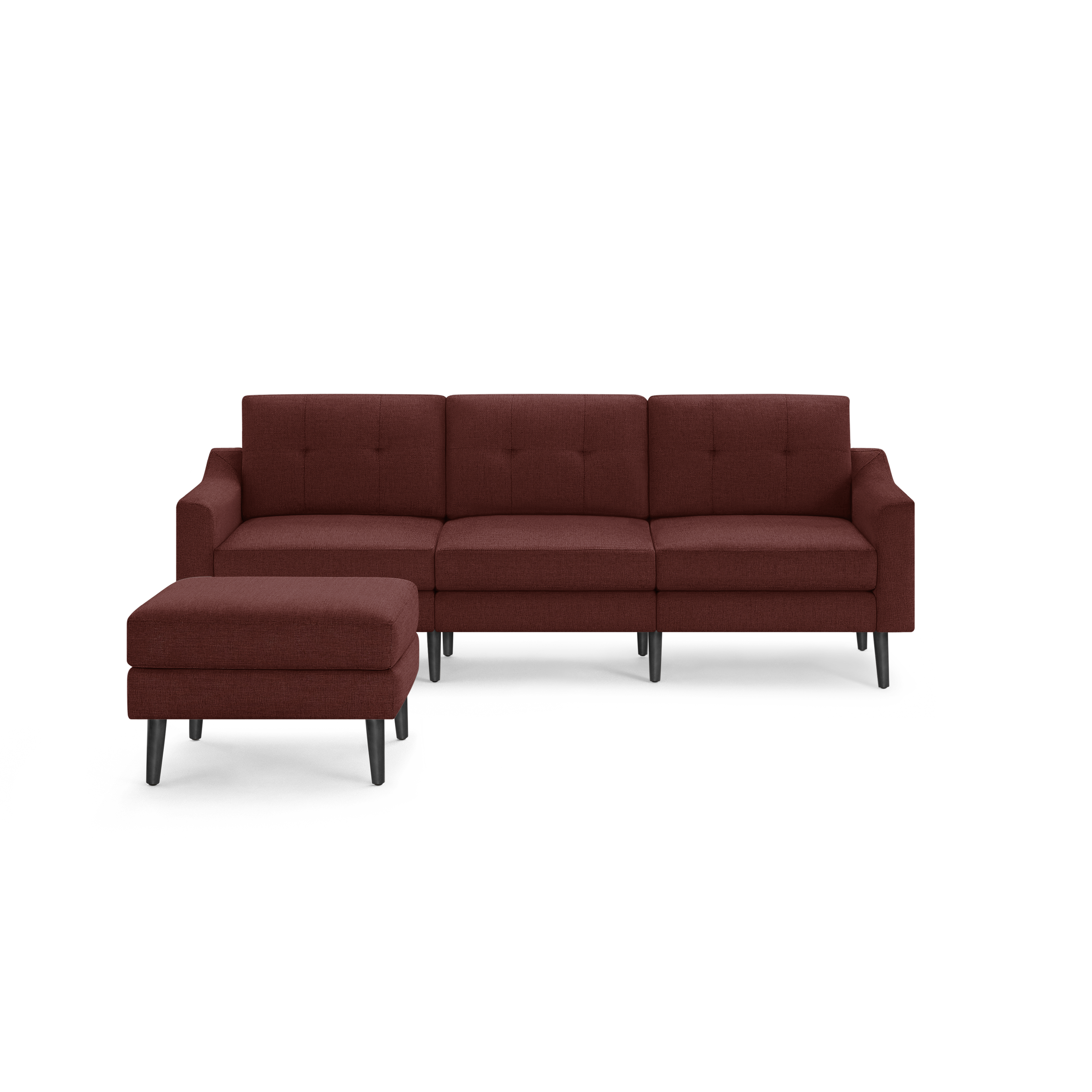 Modern mid-century style sectional sofa with matching ottoman, upholstered in deep red fabric with button-tufted back cushions and black tapered legs.