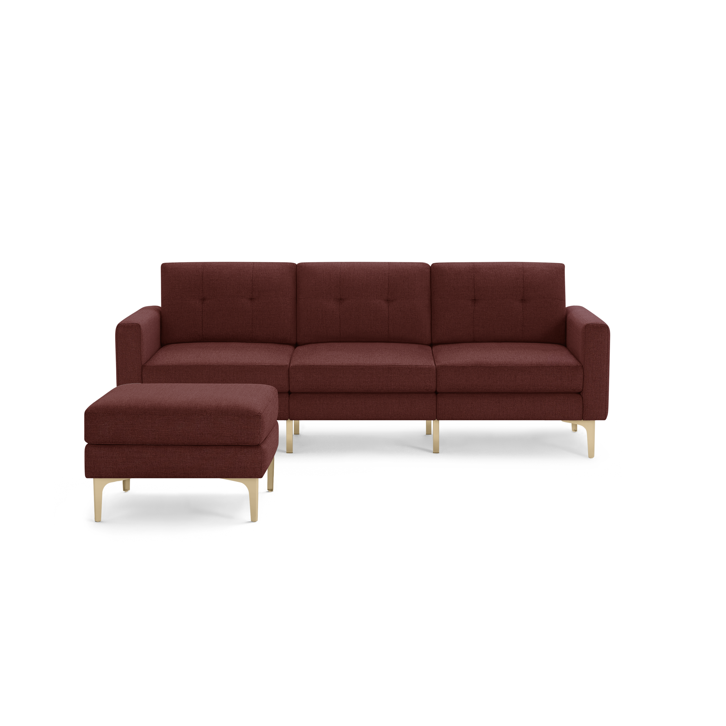Modern three-seater sectional sofa with chaise lounge, upholstered in deep red fabric, featuring button-tufted back cushions and light wooden legs.