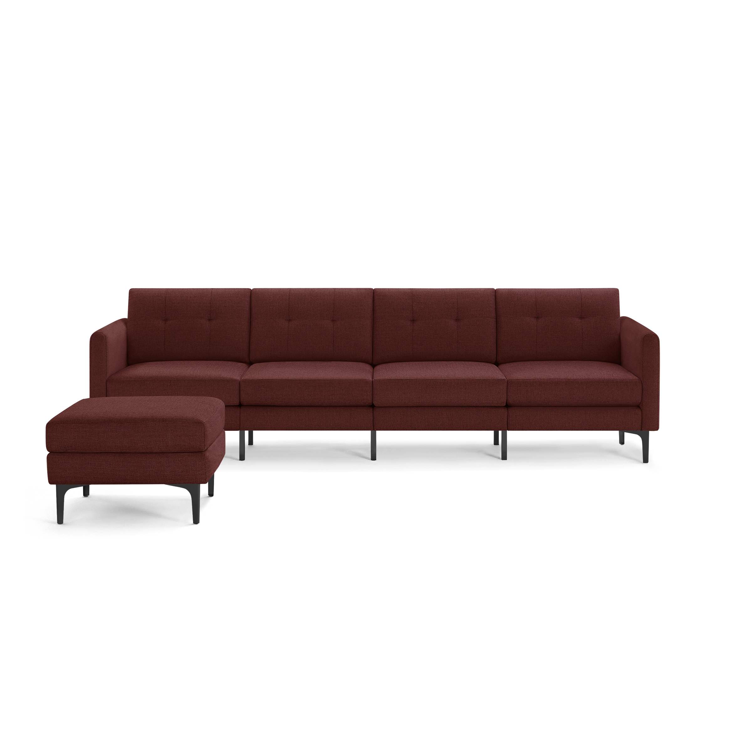 Modern deep red sectional sofa with tufted cushions, black metal legs, and matching ottoman on the left side.