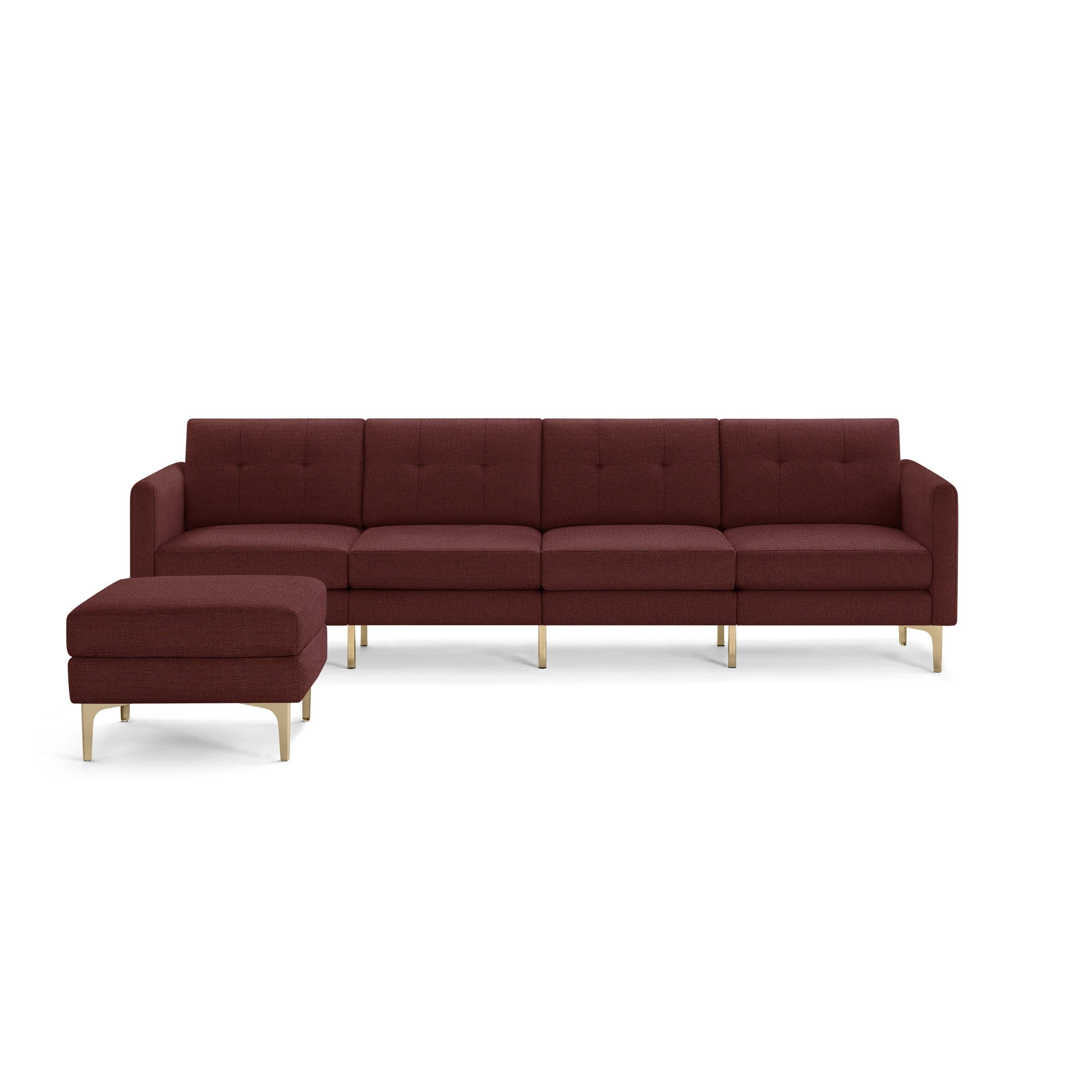 Modern sectional sofa with four seats, upholstered in deep red fabric, featuring tufted cushions and gold metal legs, with matching ottoman.