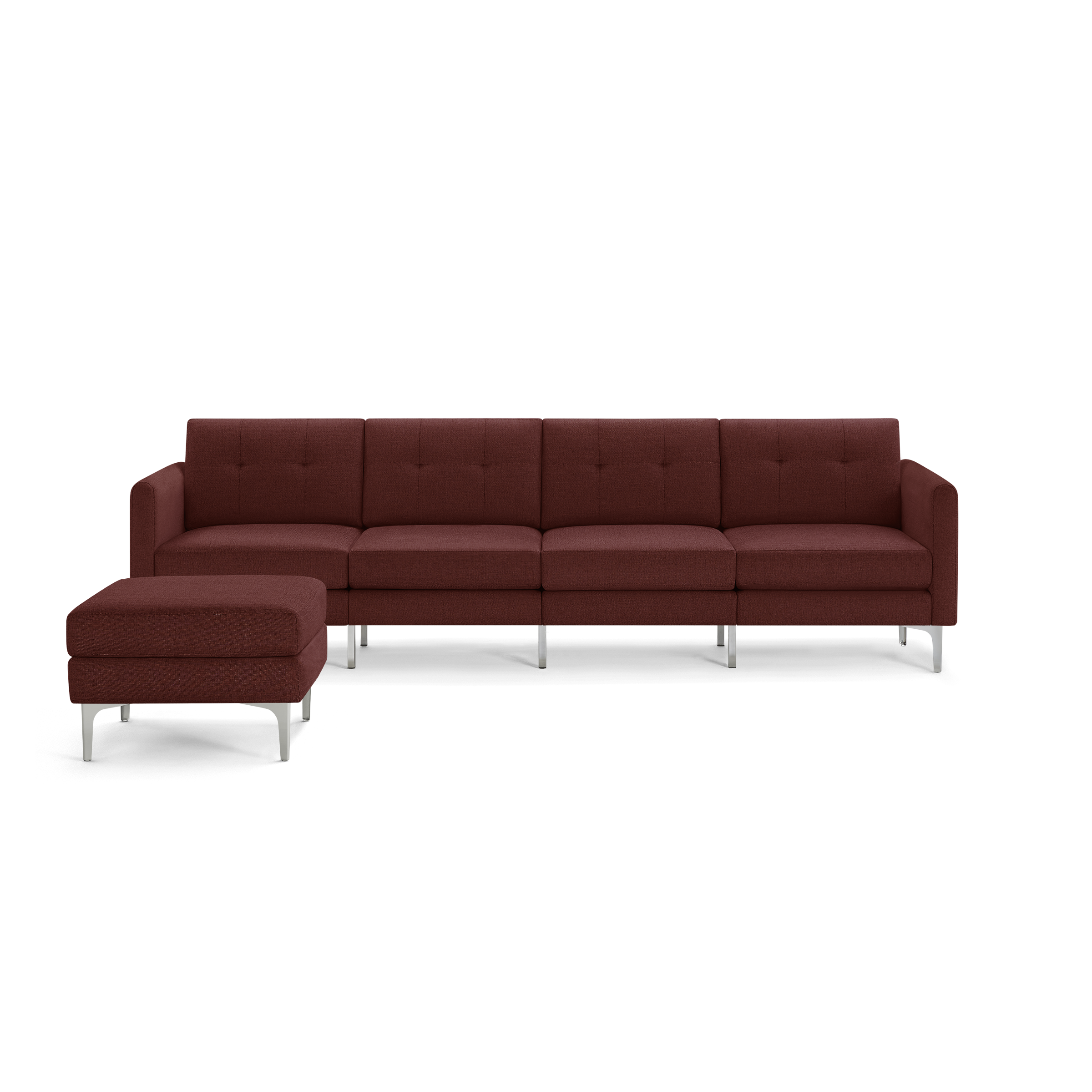 Modern sectional sofa in deep red fabric with tufted back cushions and metal legs, featuring a matching ottoman.