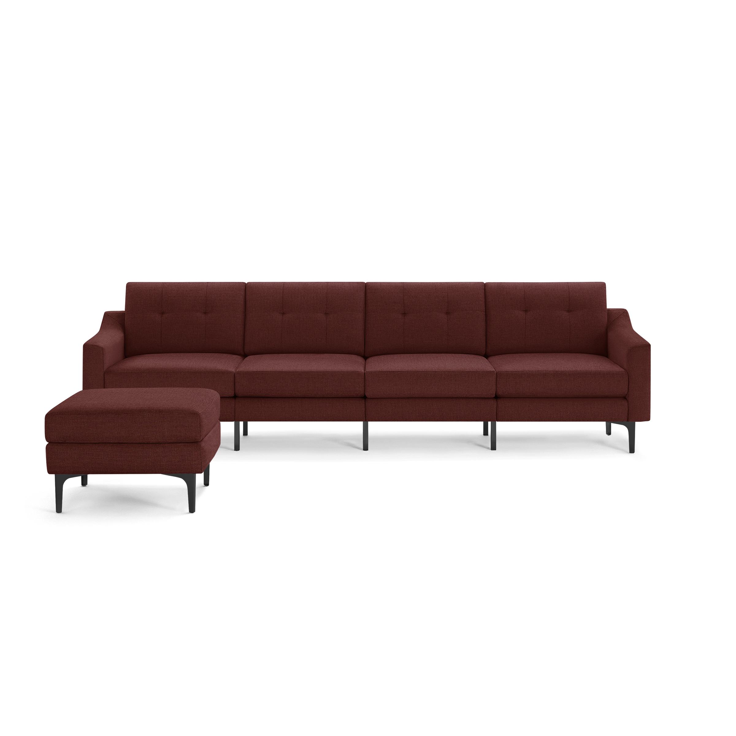 Modern sectional sofa with deep red fabric upholstery, button-tufted cushions, and black metal legs, featuring a matching ottoman.