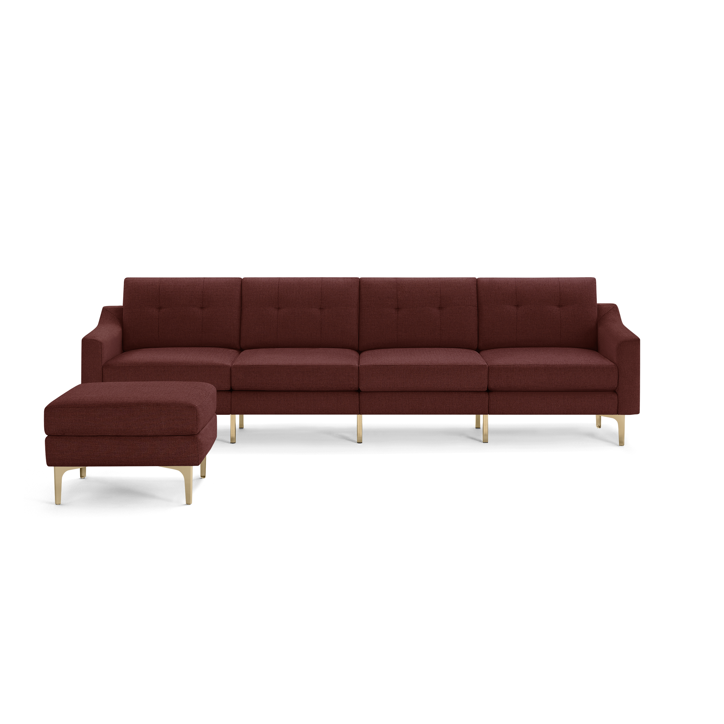 Modern sectional sofa in deep red fabric with tufted back cushions and gold metal legs, featuring a matching ottoman.