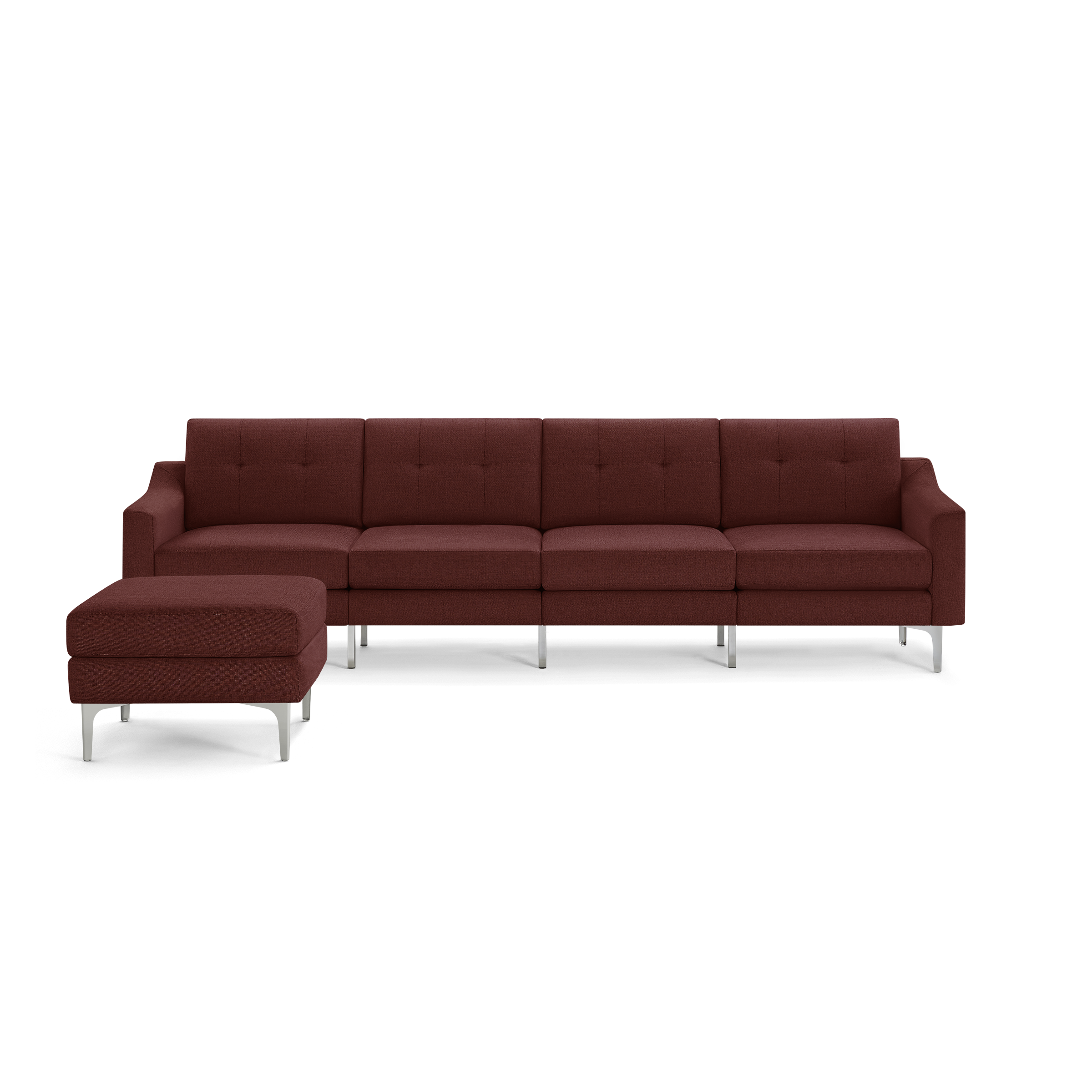 Modern deep red fabric sectional sofa with tufted cushions, chrome legs, and matching ottoman on the left side.