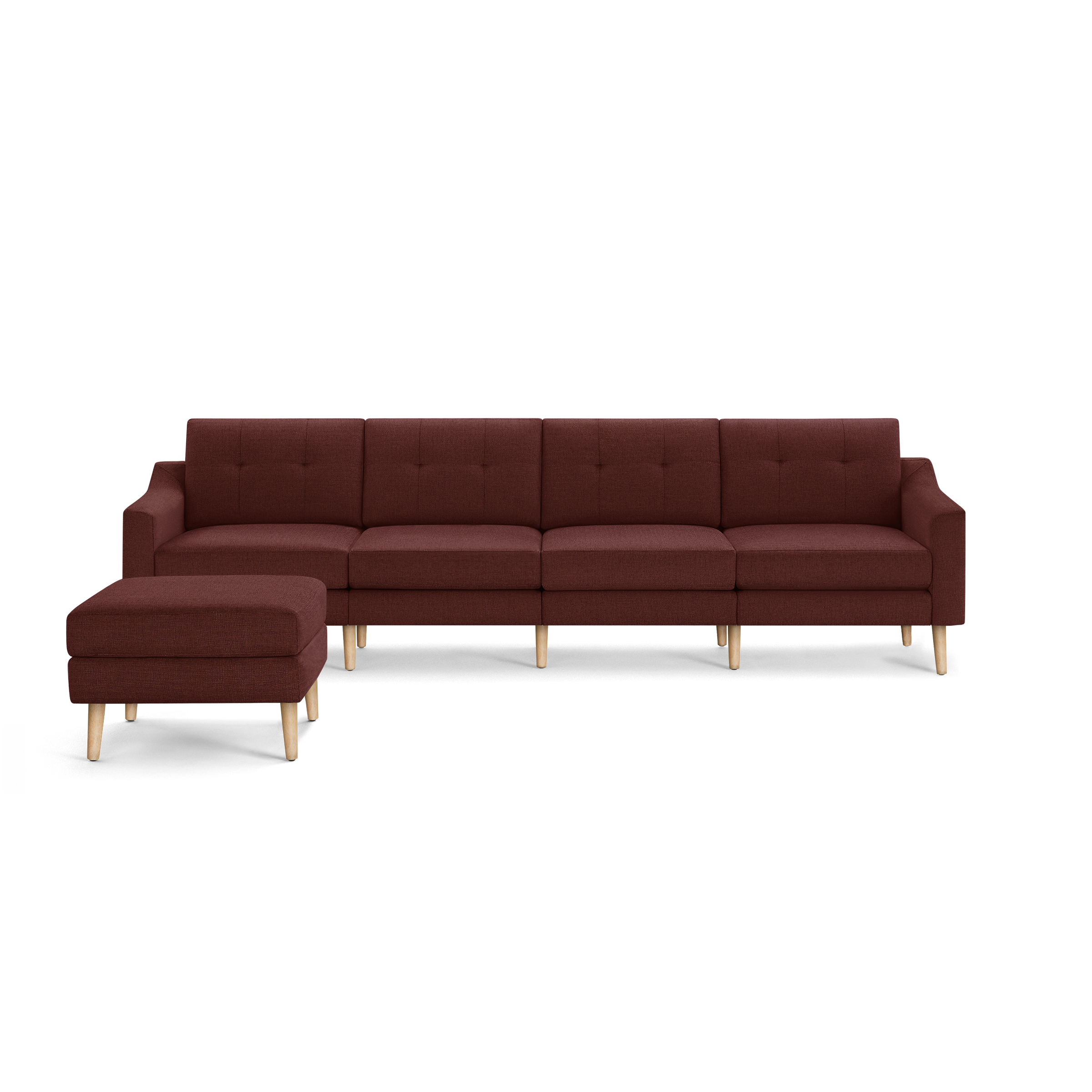Four-seater modern sectional sofa with matching ottoman, upholstered in dark red fabric with wooden legs.