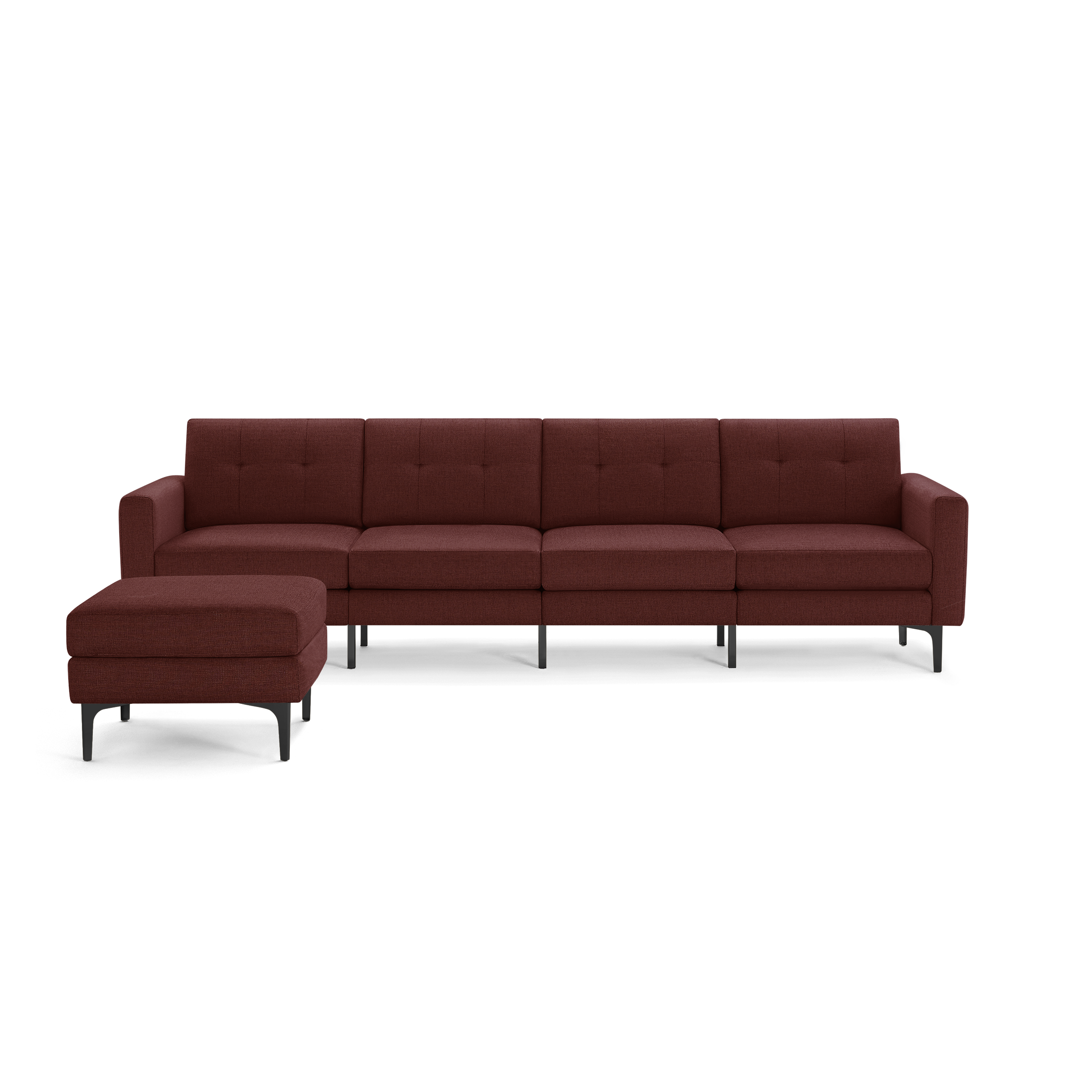 Modern sectional sofa with left chaise in deep red fabric, tufted back cushions, and slim black metal legs.