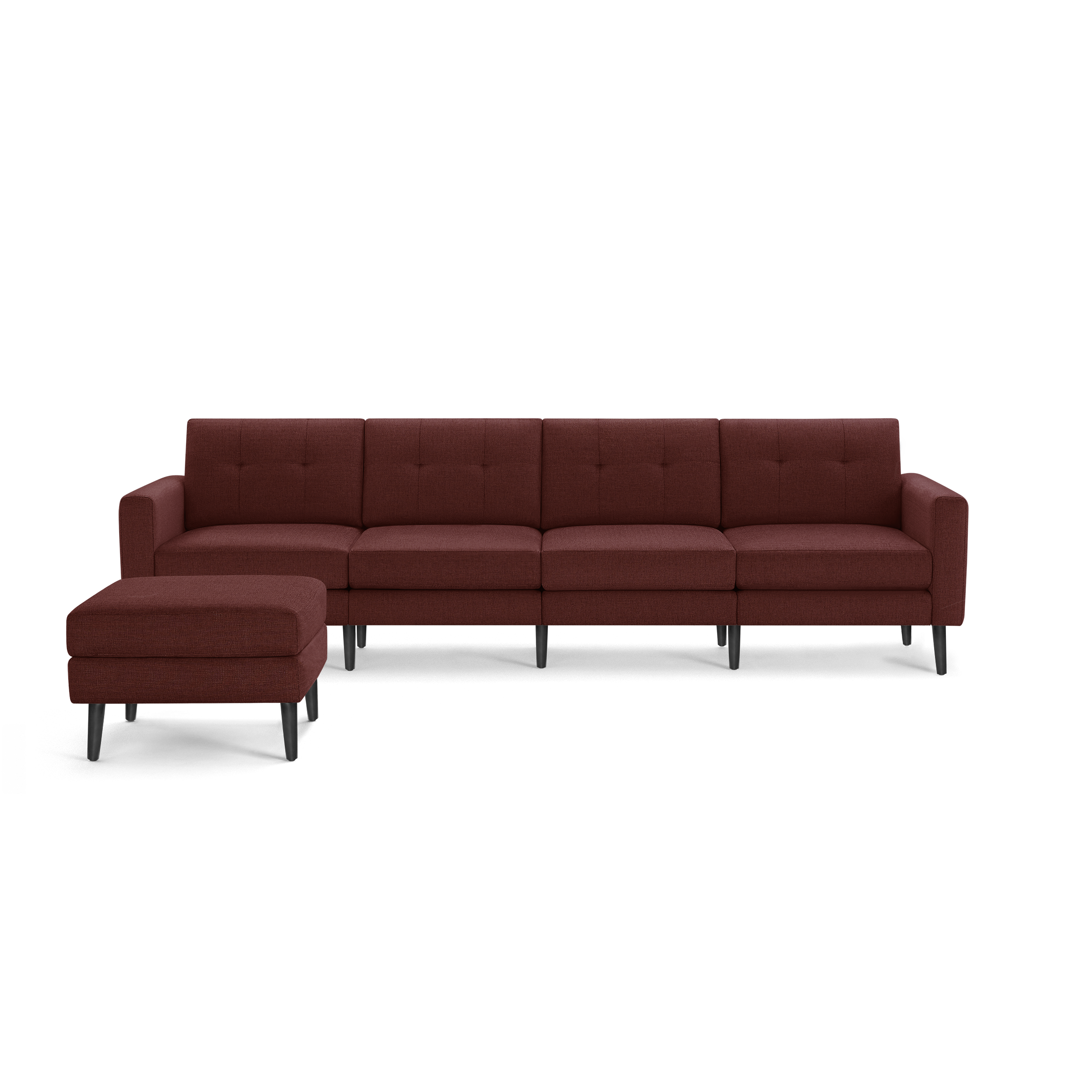 Modern deep red fabric sectional sofa with tufted cushions and black wooden legs, featuring a matching ottoman on the left side.